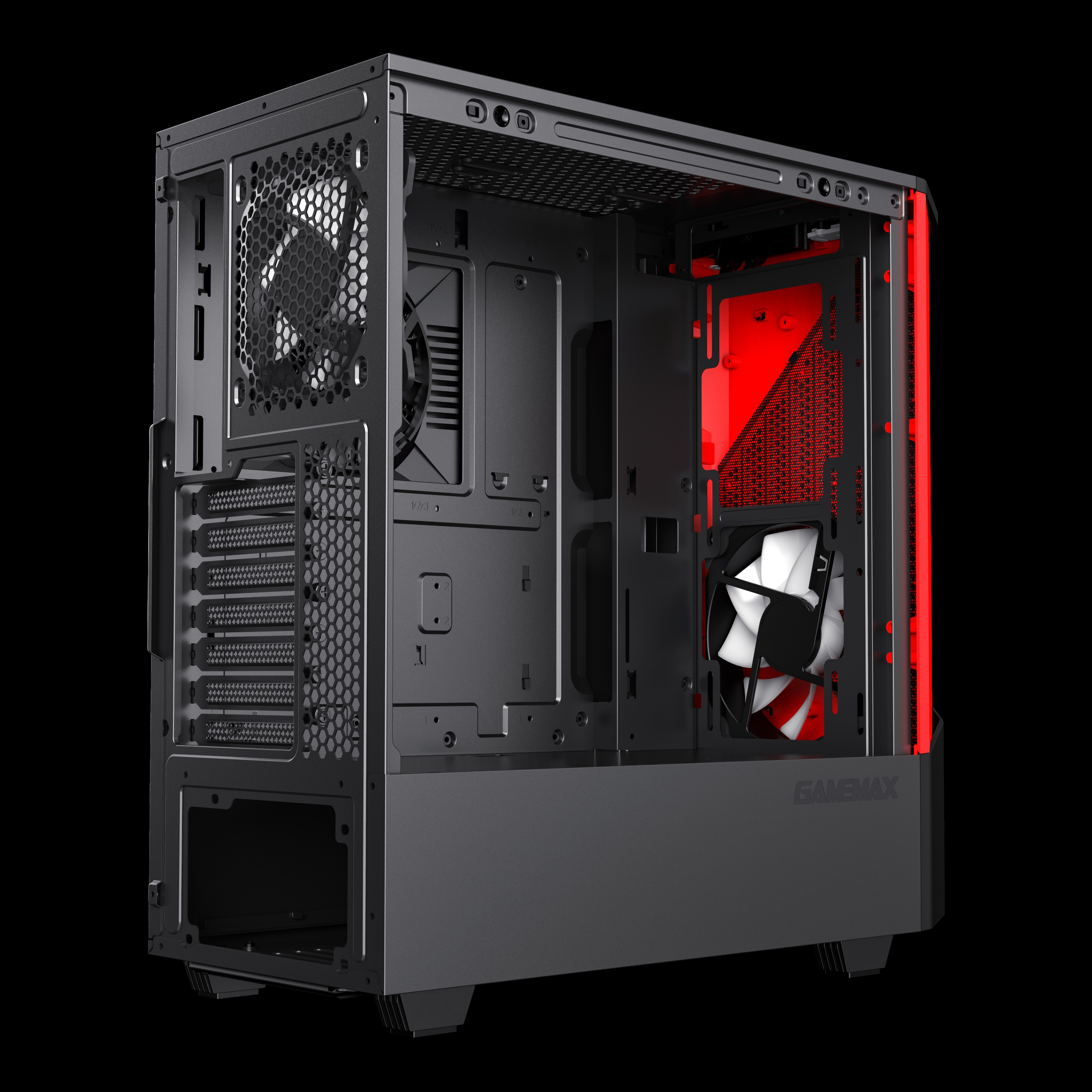 Ein schwarzes Computergehäuse. Es ist offen und zeigt rote Lichter und einen weißen Lüfter. Der Hintergrund ist schwarz.