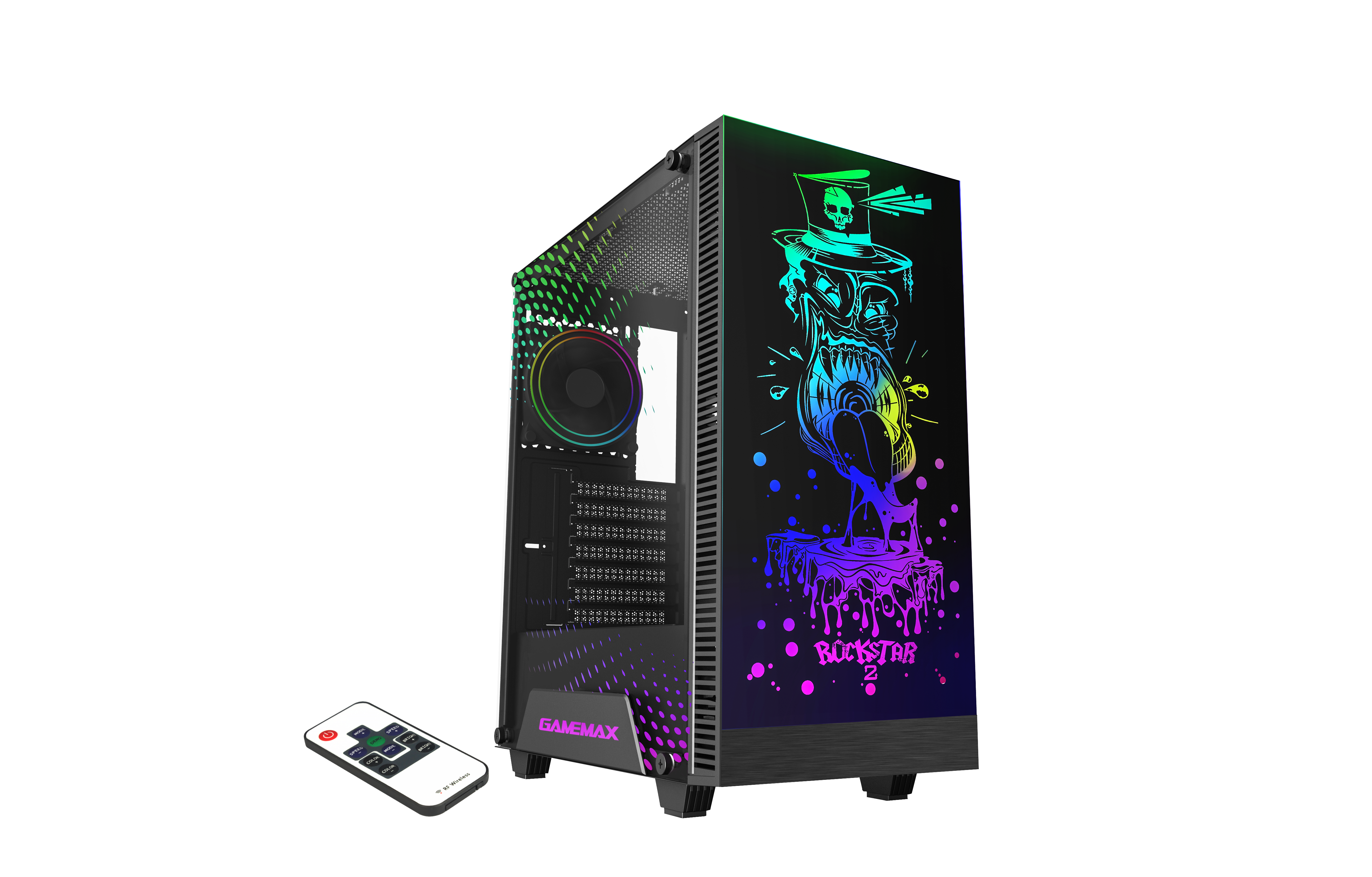 Ein schwarzes Computergehäuse mit farbenfrohem Design und Fernbedienung auf schwarzem Grund.