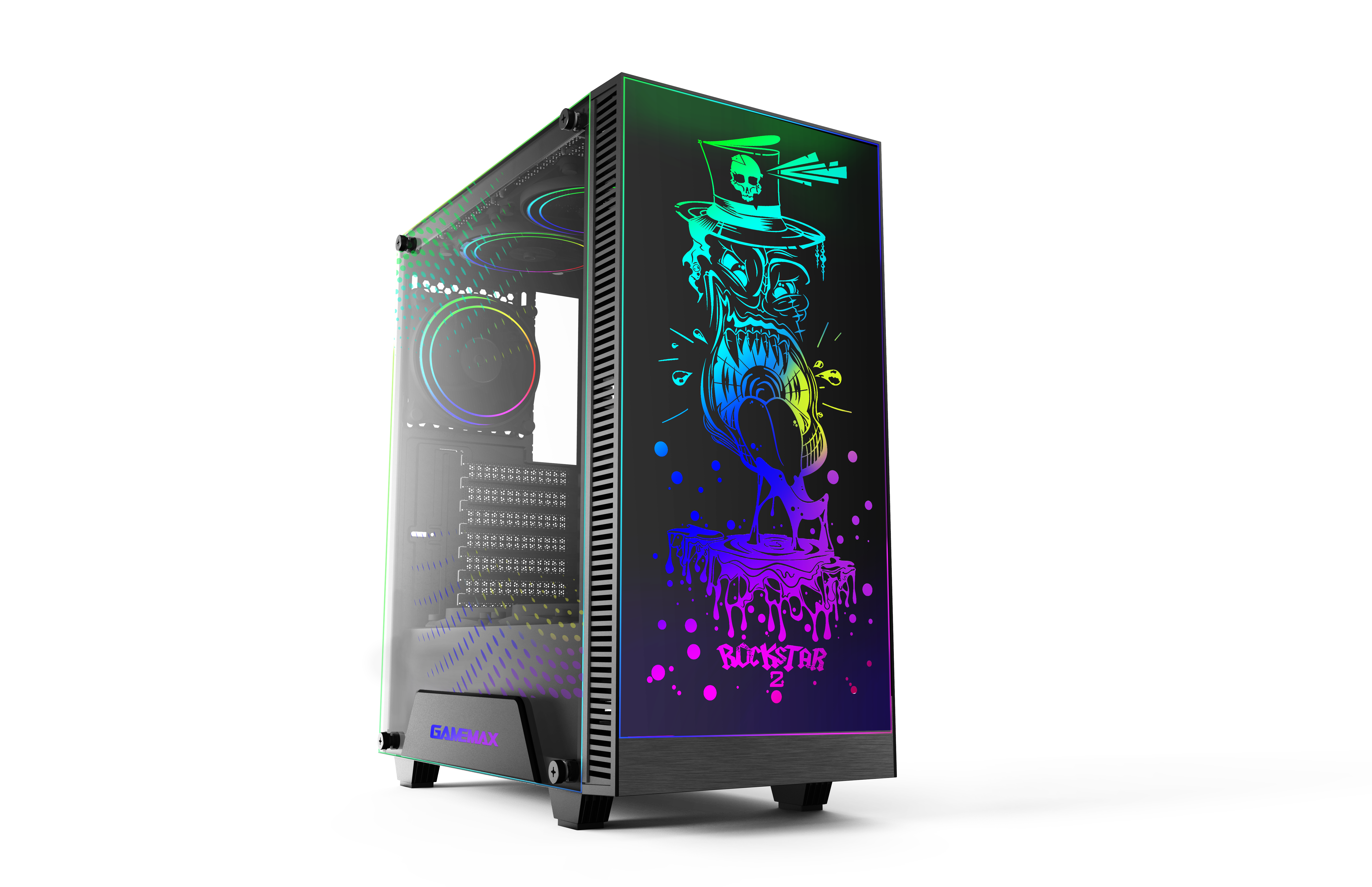 Schwarzes Computergehäuse mit buntem Design auf der Vorderseite, Totenkopf mit Hut.