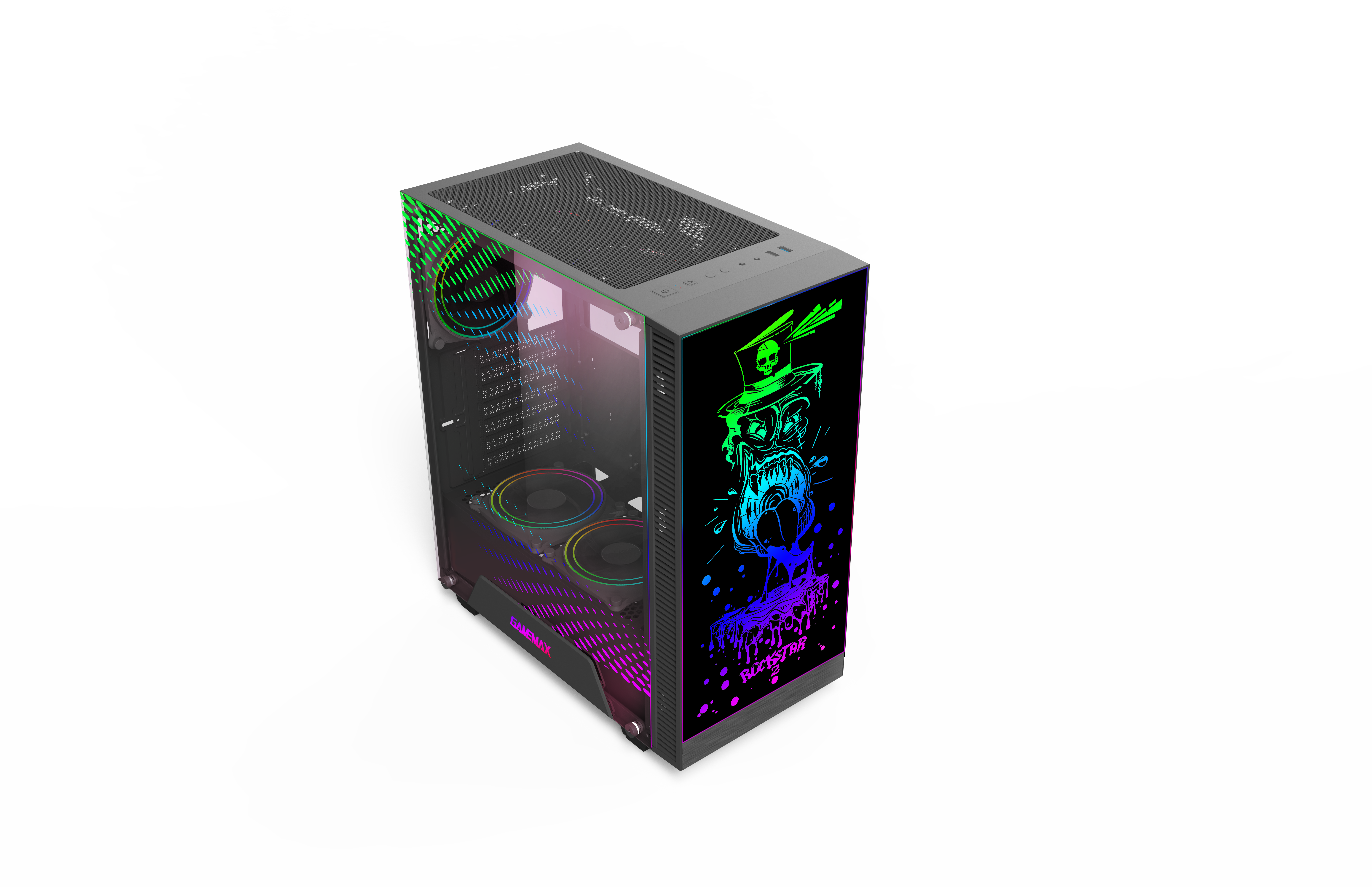 Ein Computergehäuse mit Glas-Seitenwand, das ein farbenfrohes Grafikdesign zeigt.
