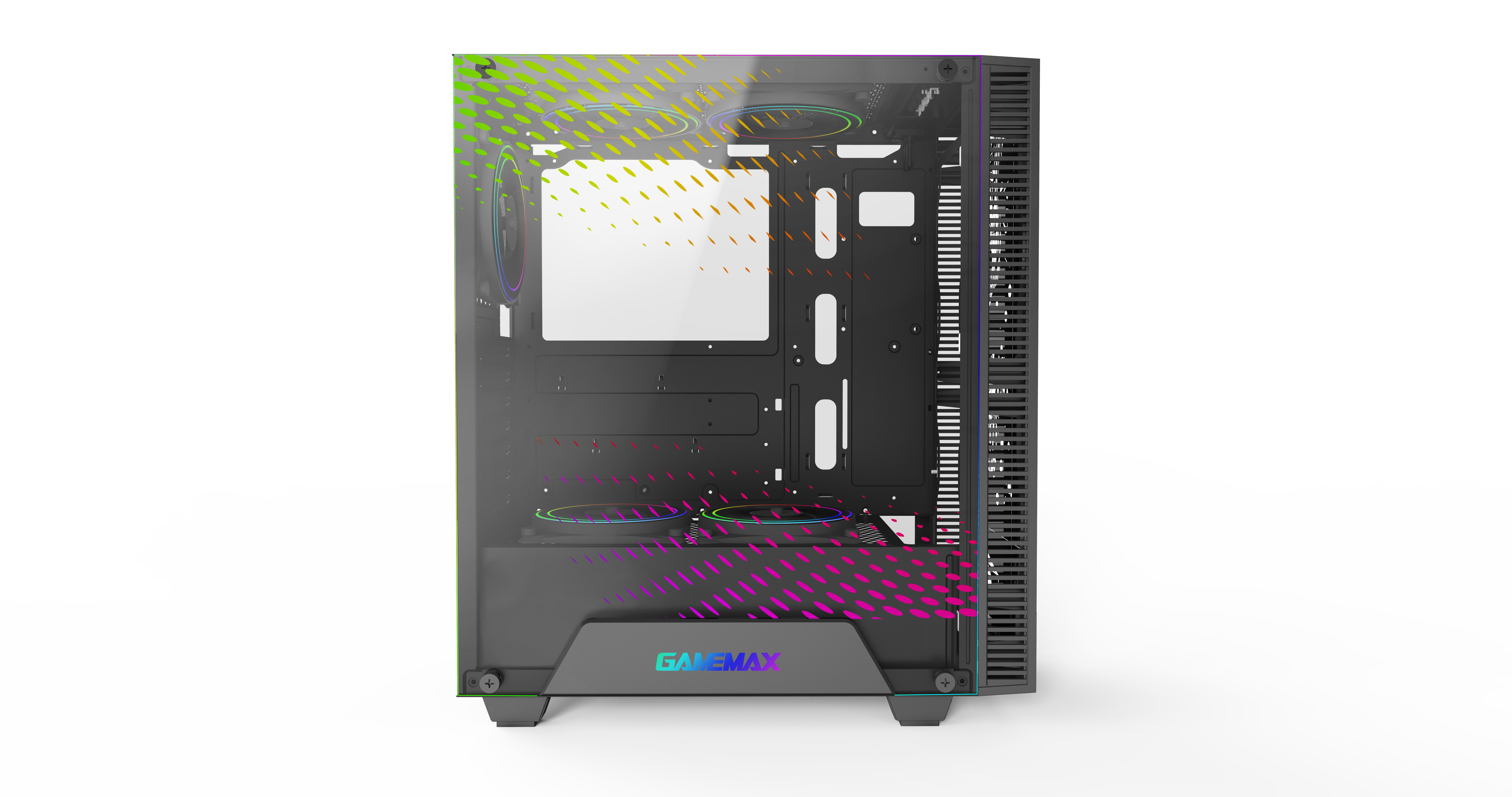 Ein Computergehäuse mit transparentem Seitenteil, das RGB-Lüfter, schwarzes Gehäuse und farbenfrohe Lichter zeigt.