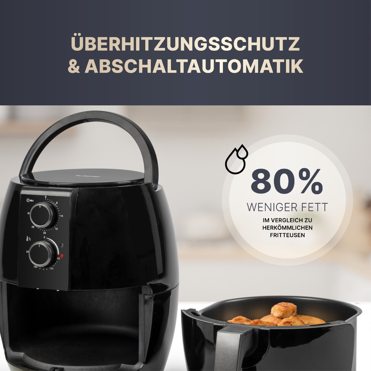 Schwarze Heißluftfritteuse mit Griff. Text: 80 % weniger Fett.