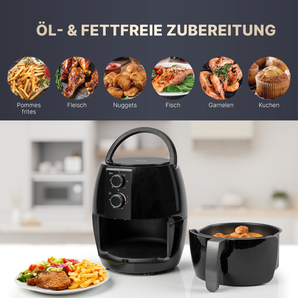 Eine Heißluftfritteuse mit Korb und einem Teller mit Essen. Verschiedene gekochte Optionen sind oben gezeigt.