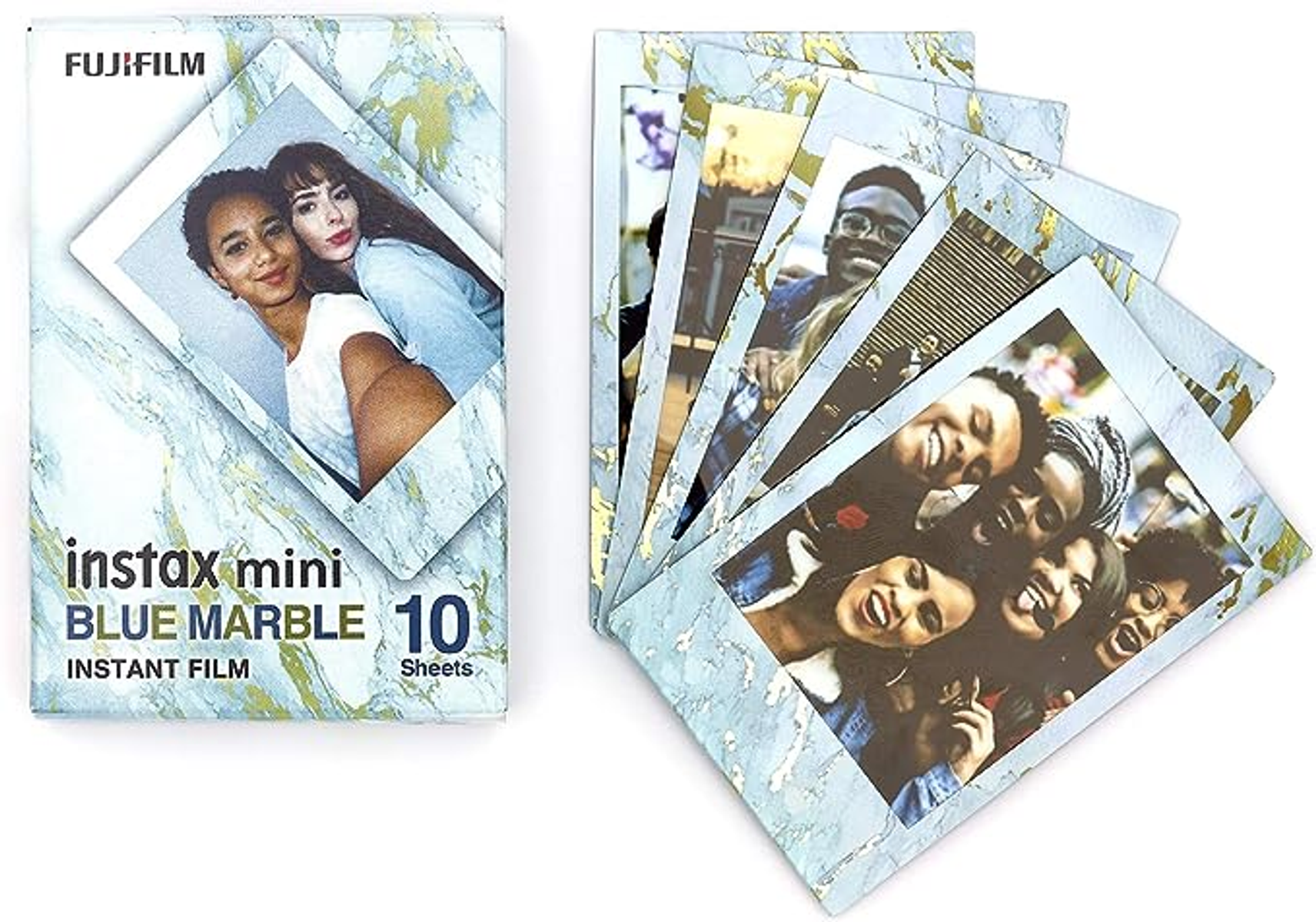 Instax Mini Blue Marble Sofortfilmpaket und Fotos. Fotos zeigen lächelnde und posierende Personen.