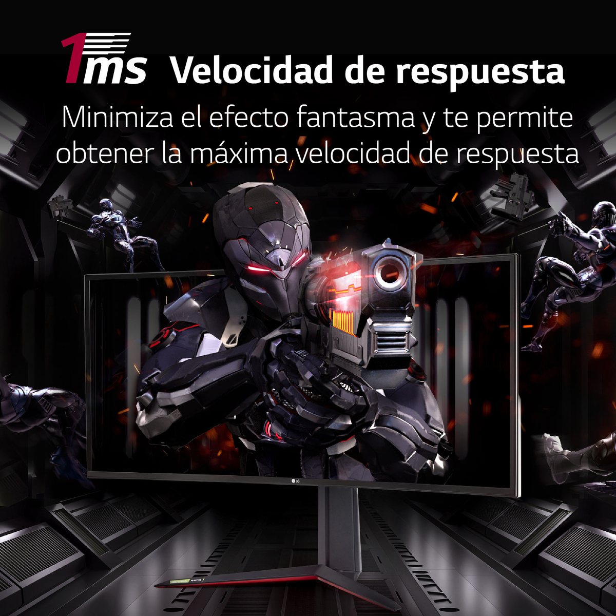 Monitor do gier z obrazem gry i tekstem o czasie reakcji.