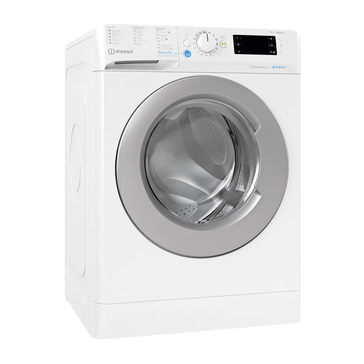 Lavadora Indesit blanca, vista frontal, con puerta plateada y panel de control.