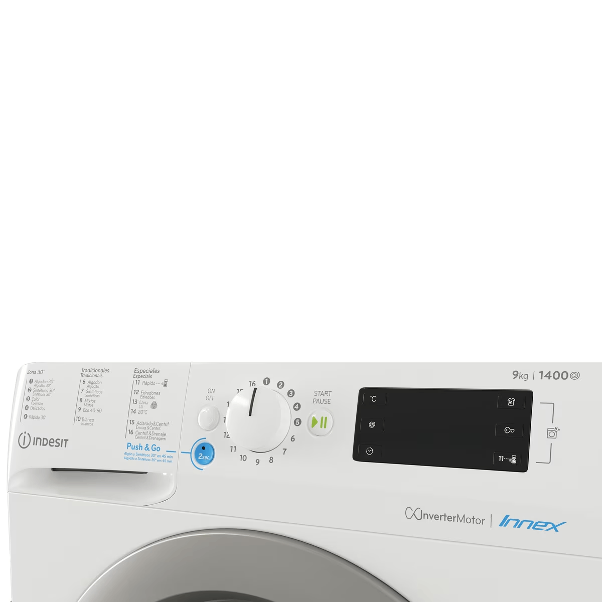 Primer plano del panel de control de una lavadora Indesit blanca. Perillas, botones y pantalla visibles.