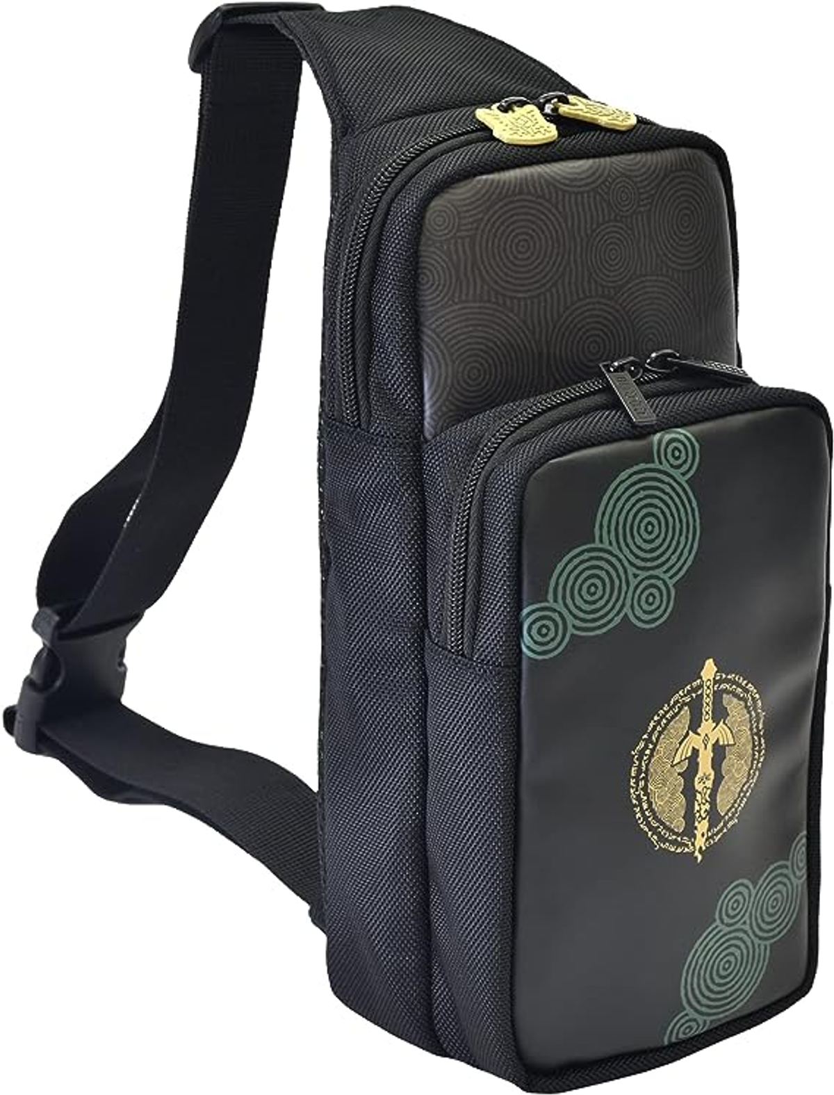 Bolso negro con diseño de Zelda. El bolso tiene una correa negra.