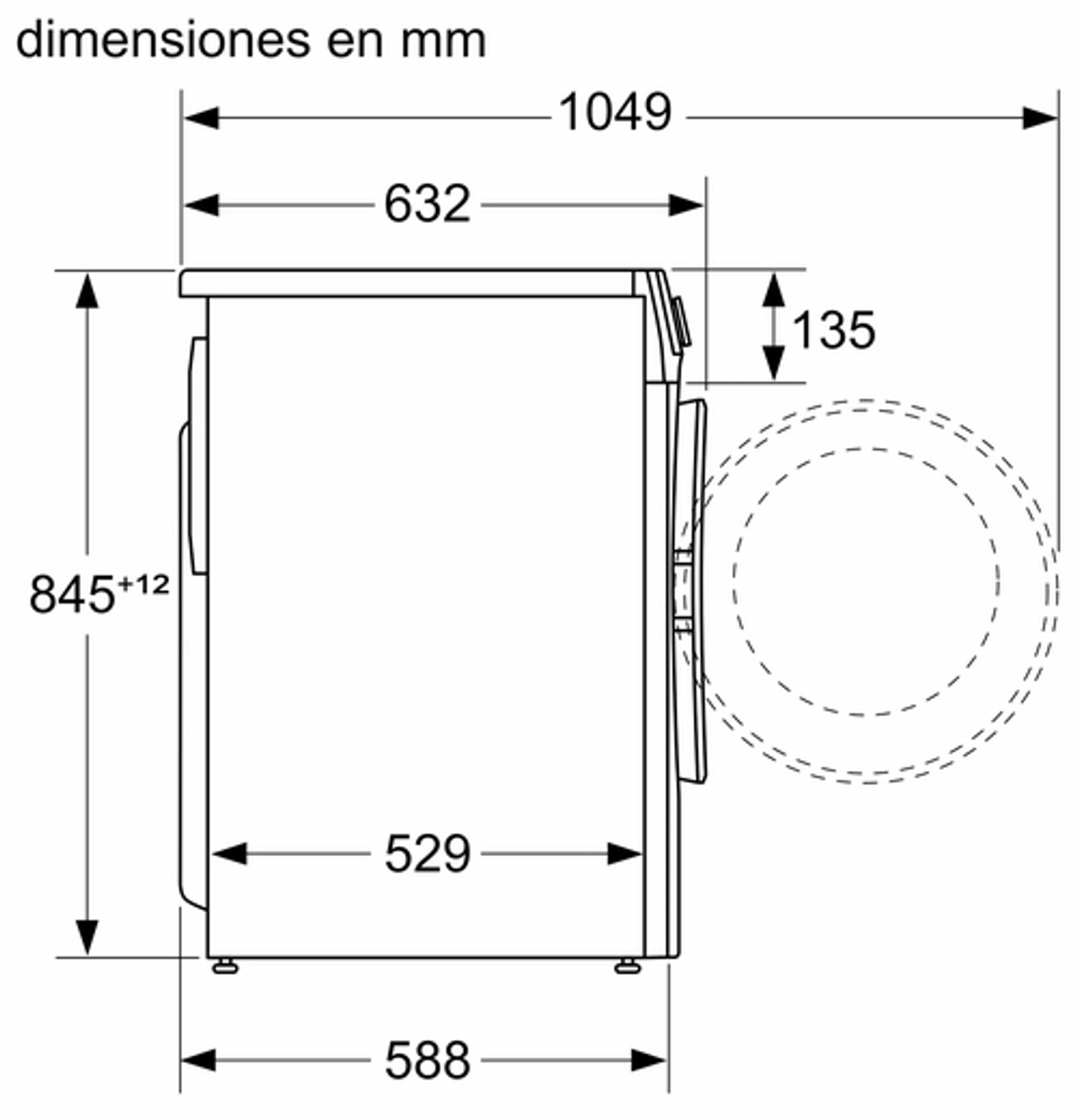 Vista lateral de una lavadora blanca con dimensiones. La máquina está sobre una superficie blanca.