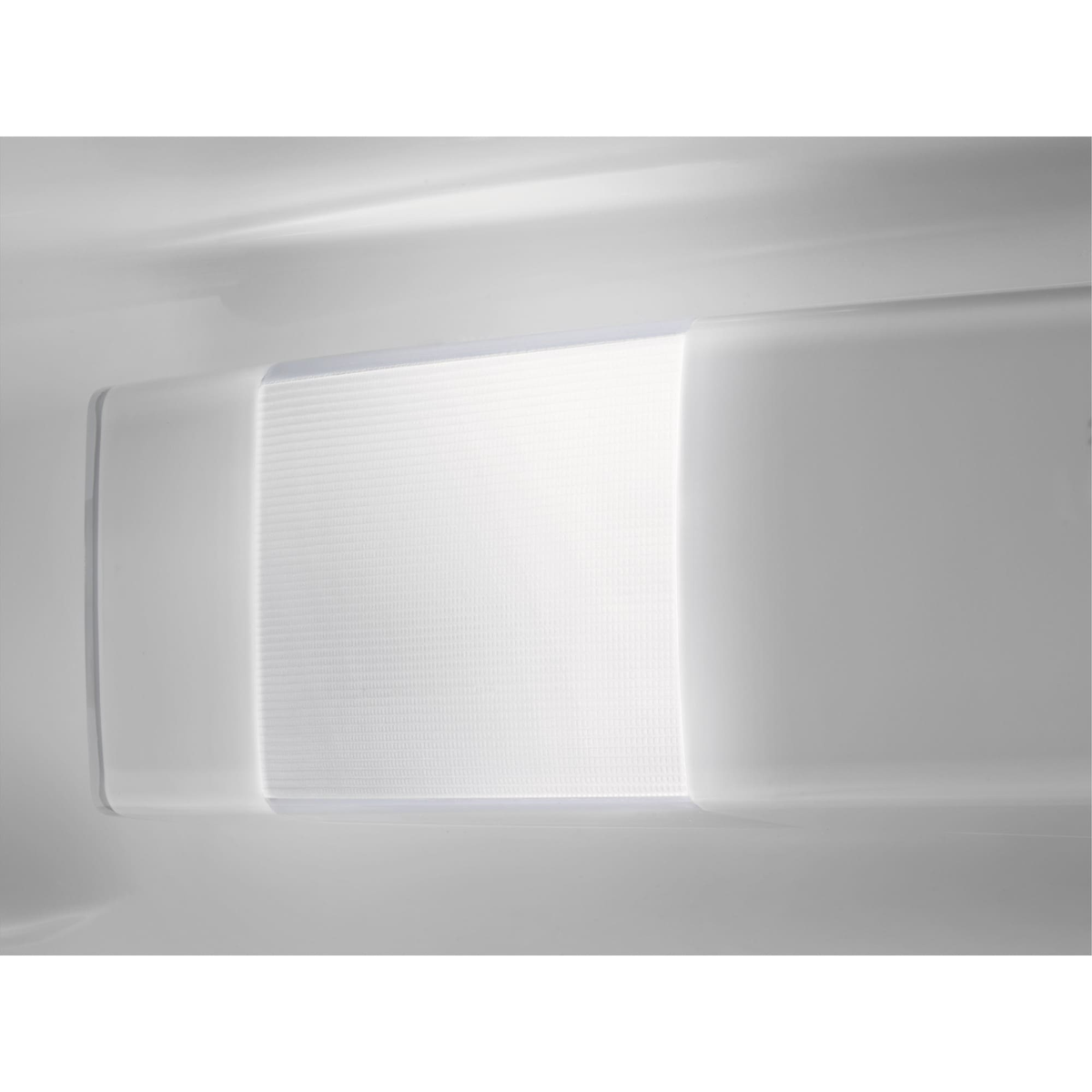 Een wit, verlicht paneel. De lichtbron is een rechthoekig LED-paneel, in een witte behuizing.