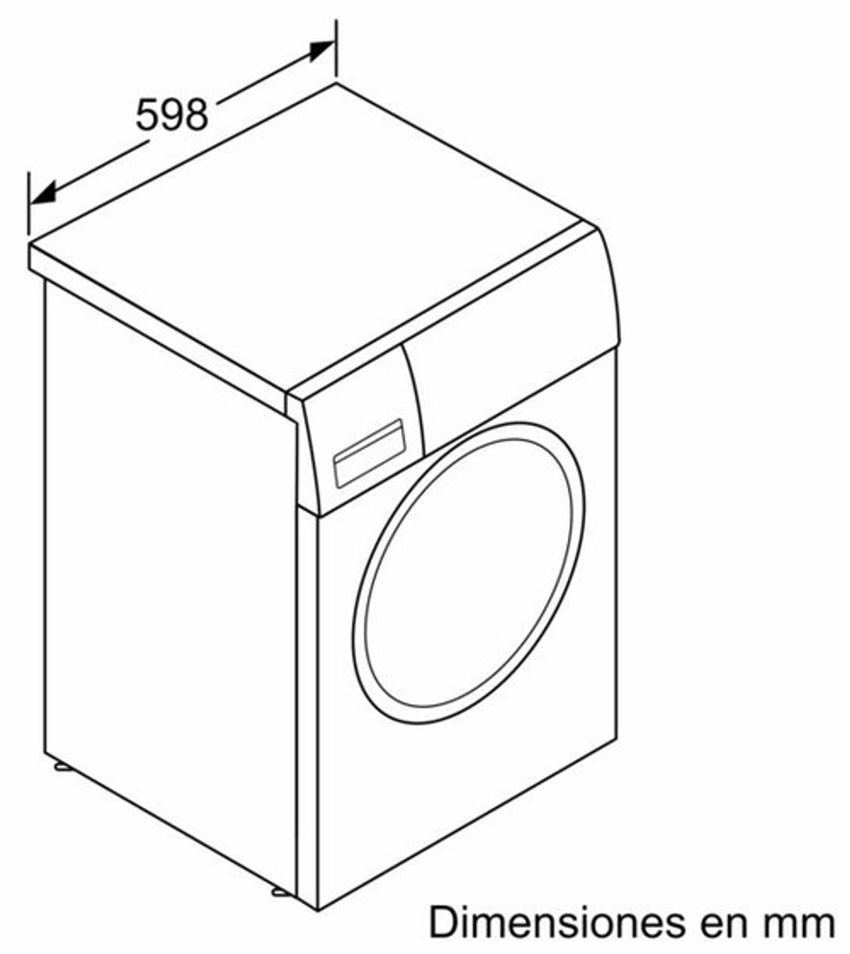 Una vista isométrica de una lavadora con dimensiones.