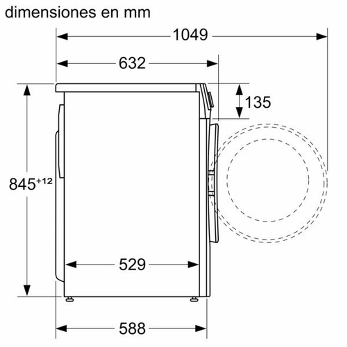 Dibujo de vista lateral de una lavadora con dimensiones en mm. El fondo es blanco.