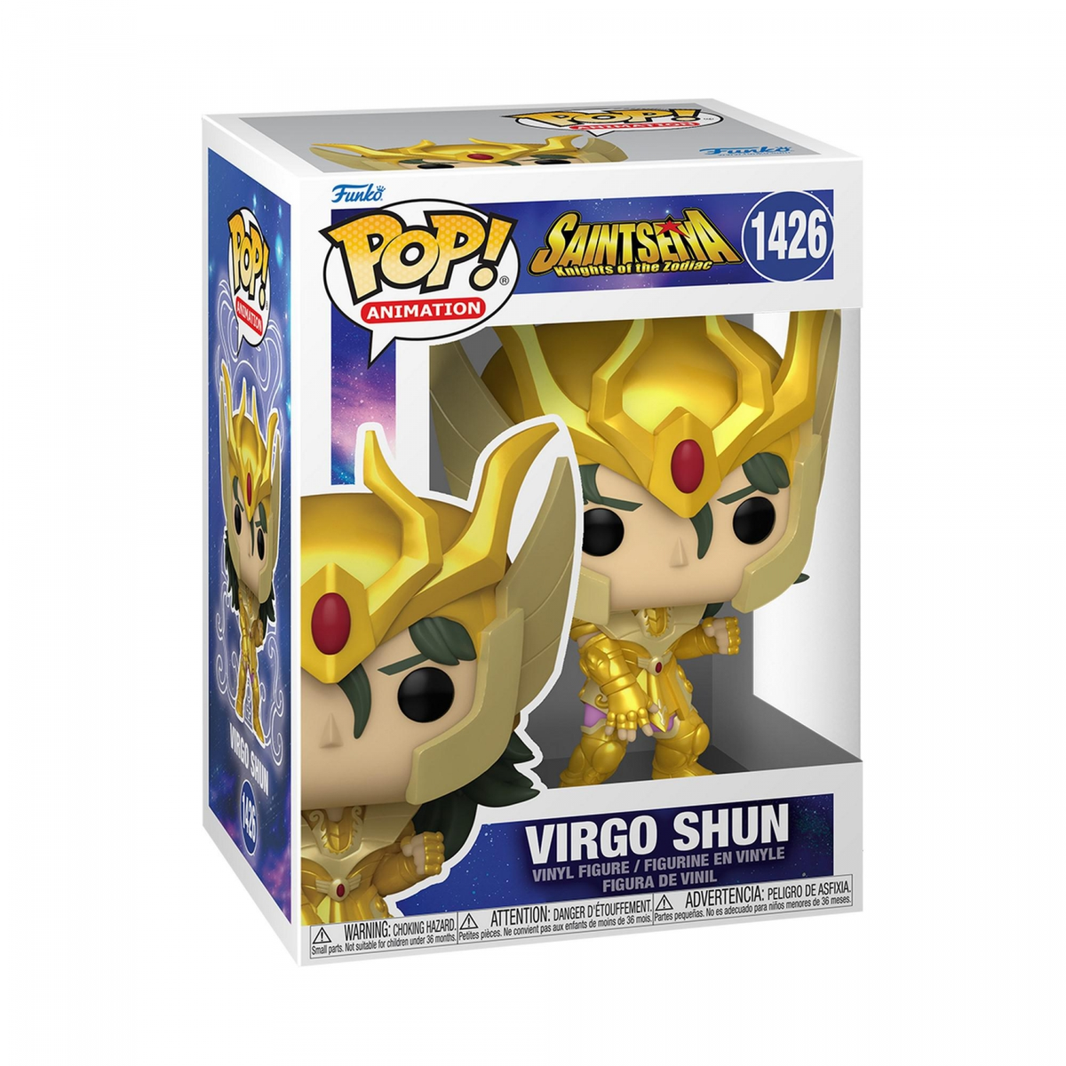 Funko Pop-figuur, doos met cartoonfiguren, witte achtergrond.