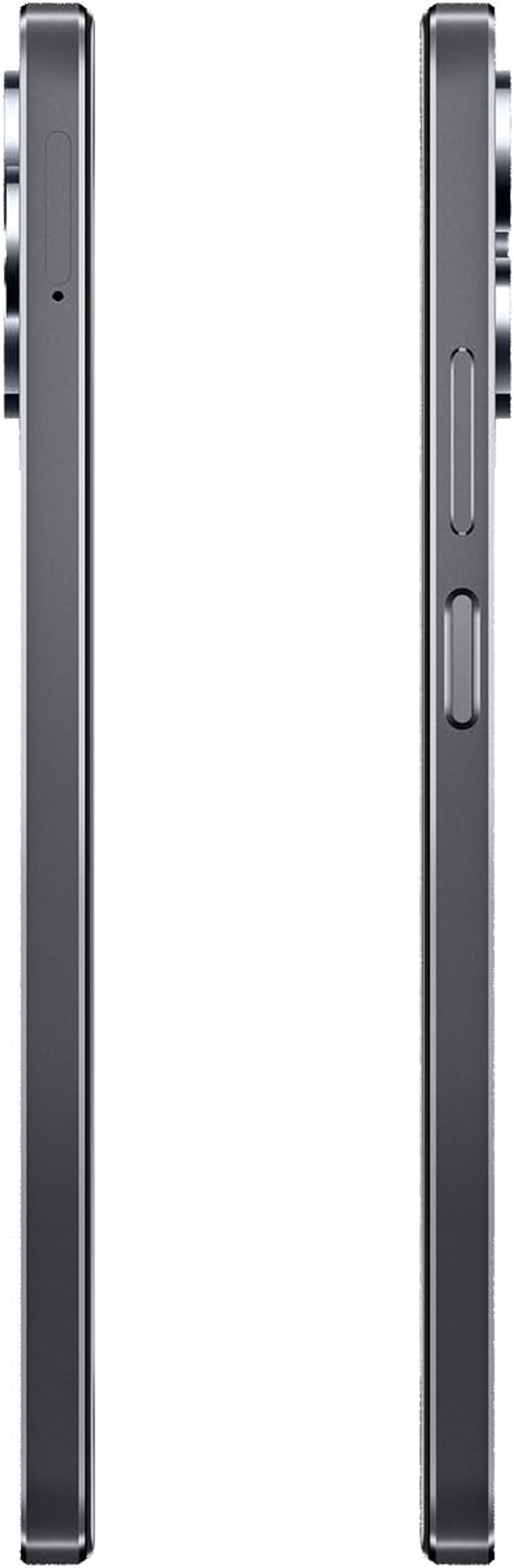 Dwa widoki boczne szarego smartfona z przyciskami i aparatem.