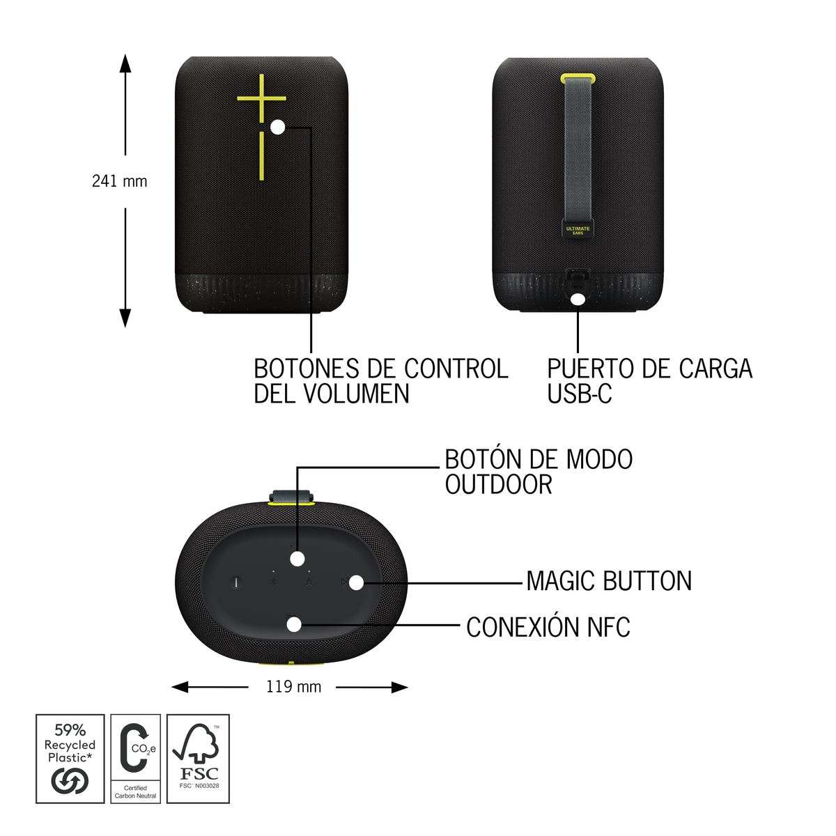 Schemat czarnego głośnika pokazujący różne części i etykiety w języku hiszpańskim.