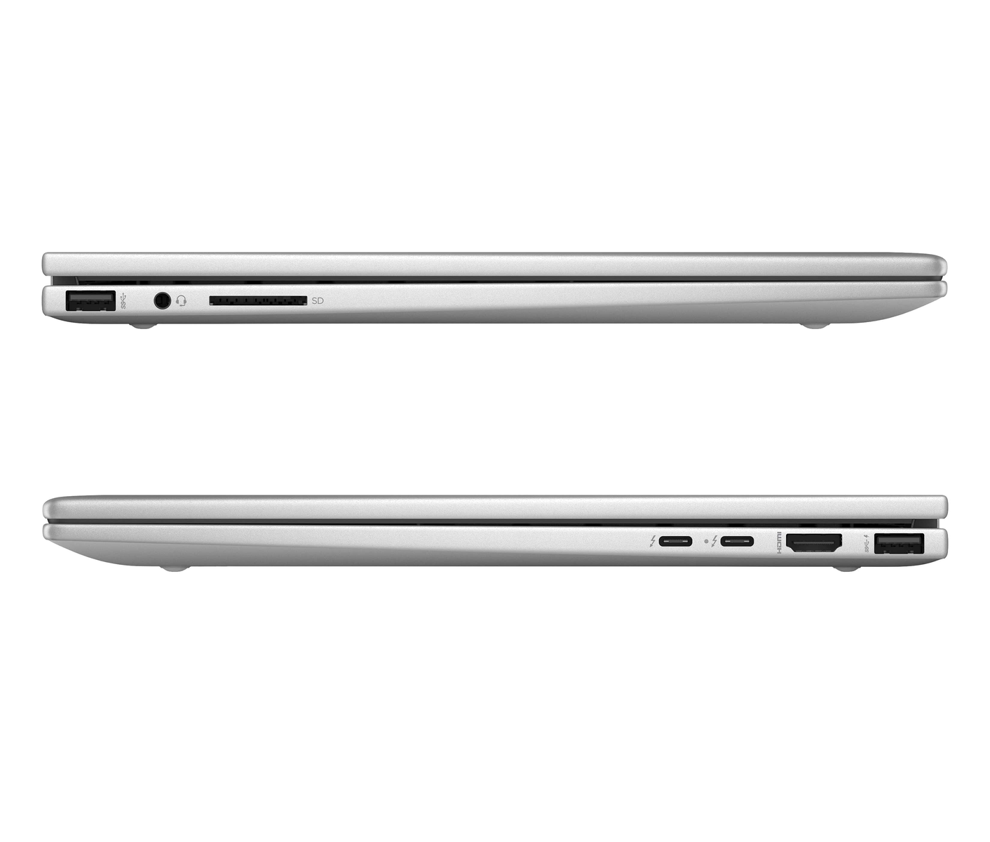 Portátil plateado, vista lateral. Arriba puerto USB, conector de audio, ranura SD. Abajo puertos.