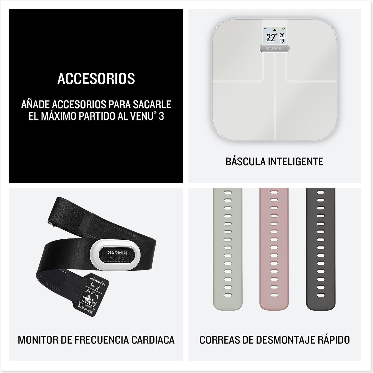 Accessori per uno smartwatch: bilancia intelligente, cardiofrequenzimetro e cinturini.
