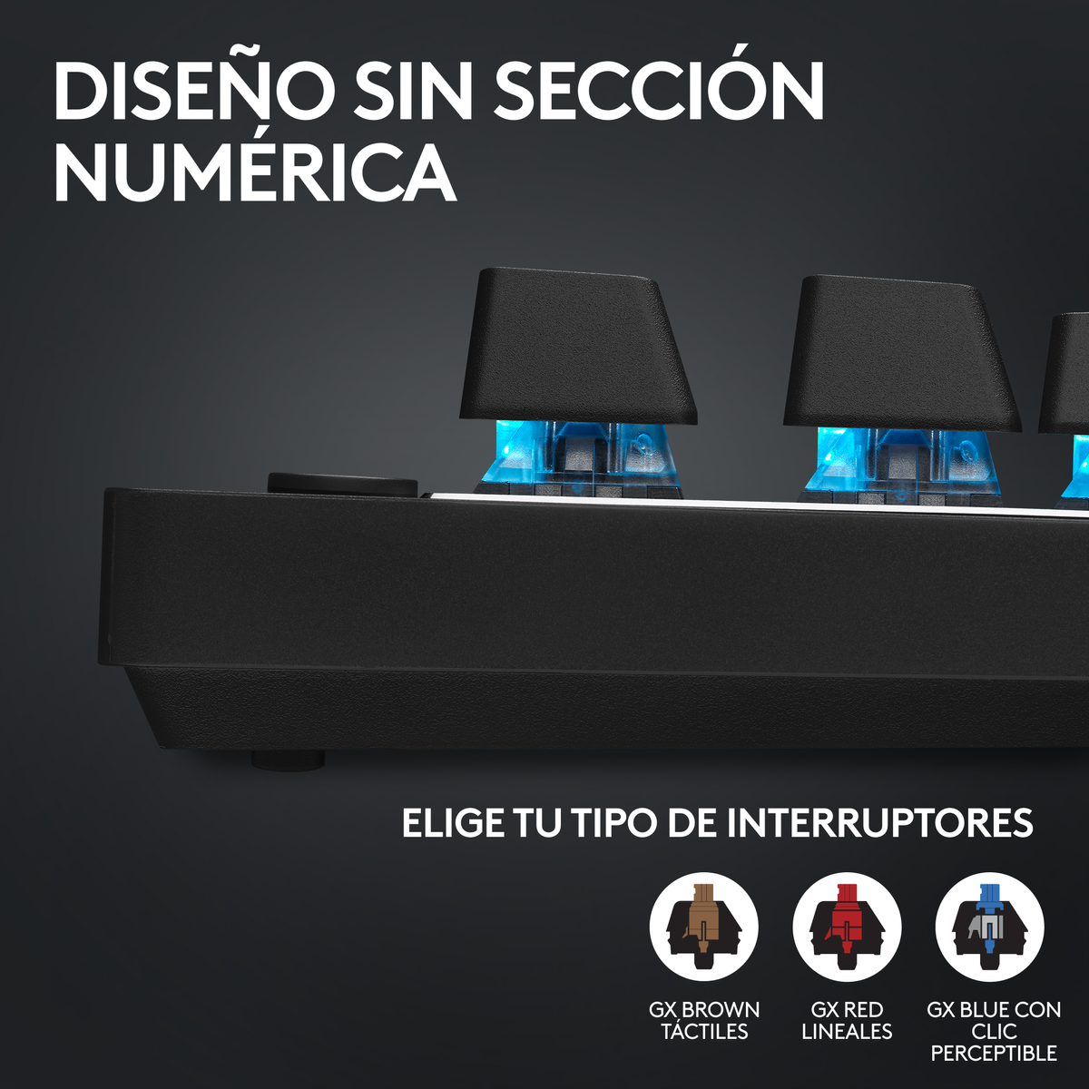 Primo piano di una tastiera nera con interruttori illuminati di blu e le parole "GX BROWN TACTILES".