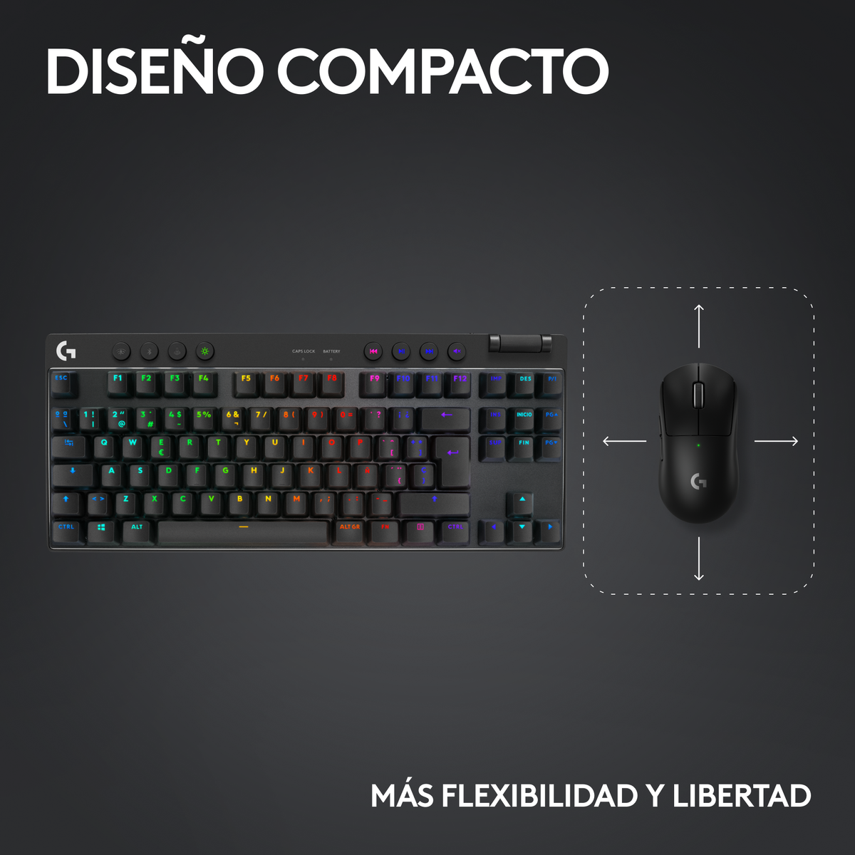 Set tastiera e mouse su superficie nera. Testo in spagnolo: Design compatto, più flessibilità.