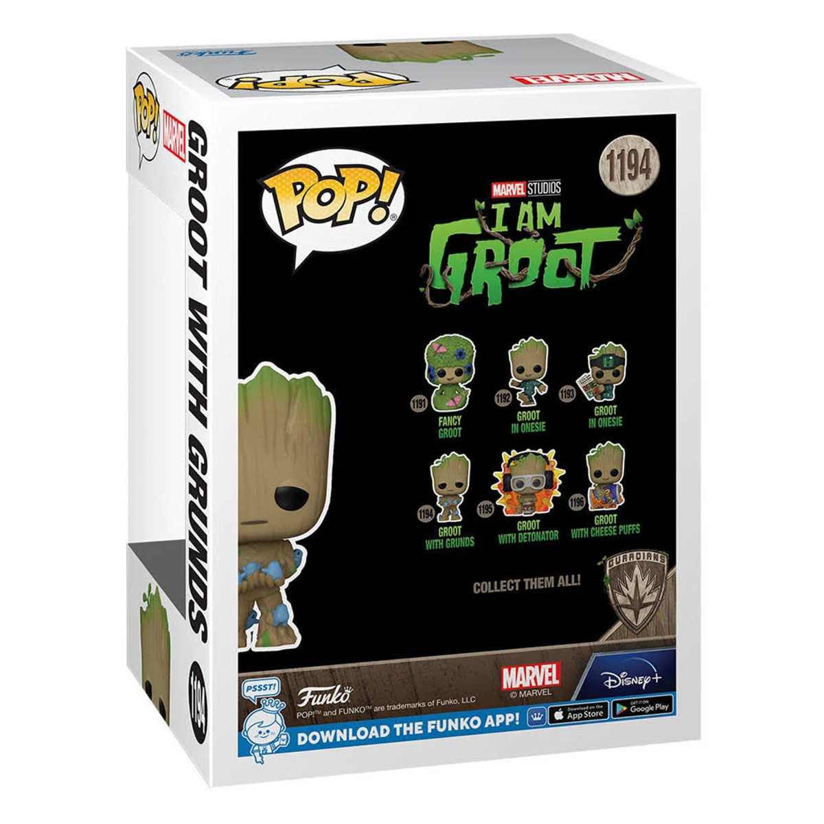 Una scatola Funko Pop! con il personaggio Groot di I Am Groot della Marvel. La scatola è bianca.