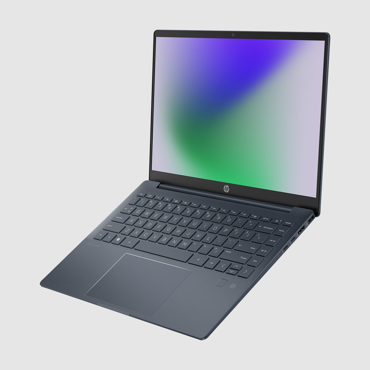 Una computadora portátil azul con una pantalla colorida. Se ven el teclado y el panel táctil. El fondo es blanco.