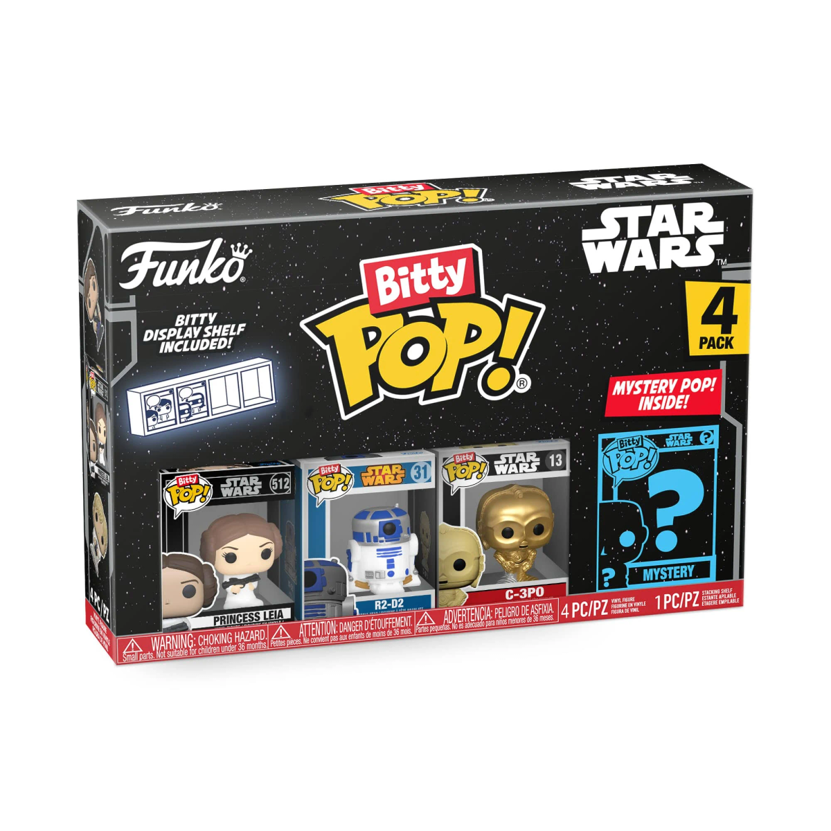 Un set di scatole Funko Star Wars Bitty Pop! contenente quattro statuette.