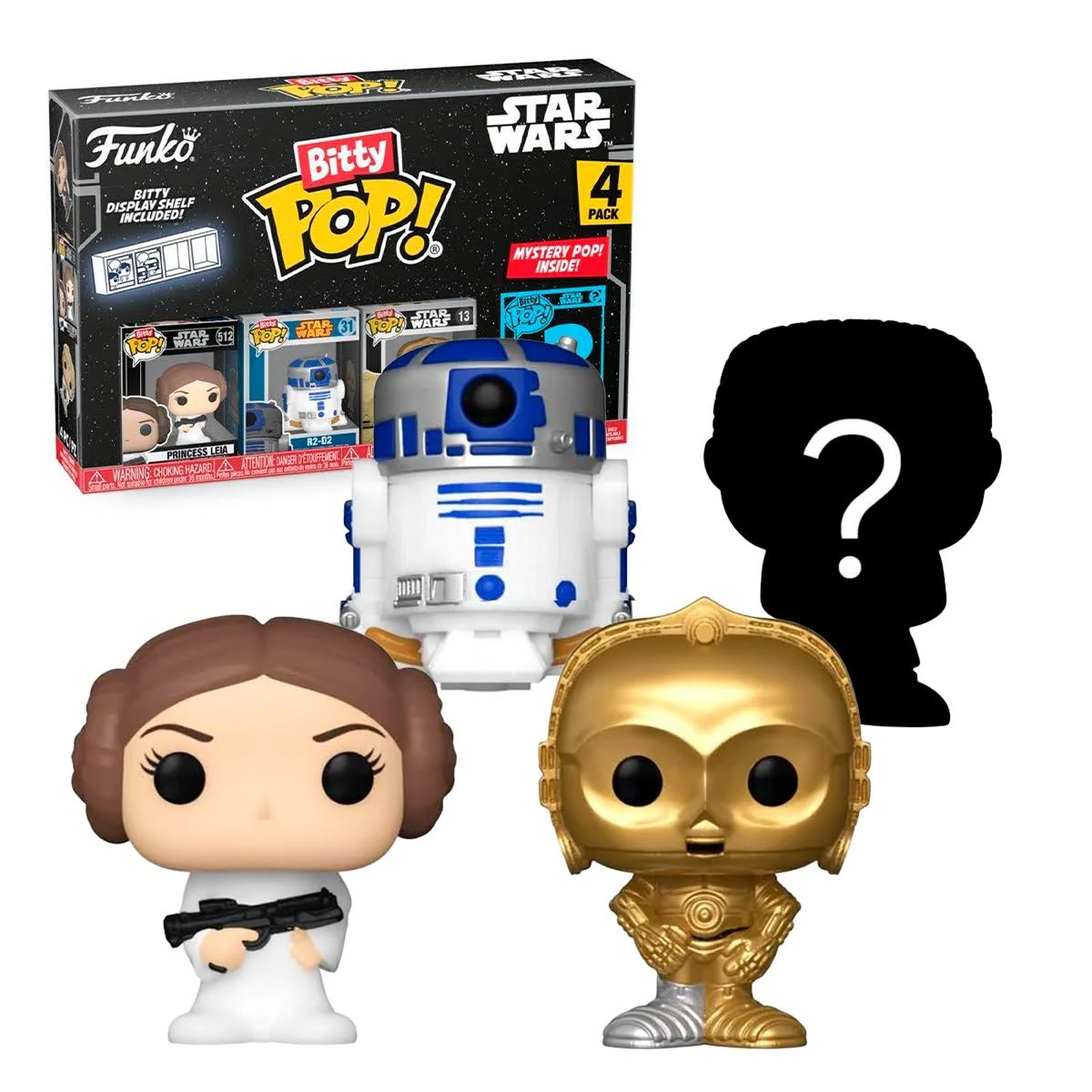 Set Funko Pop di Star Wars con tre statuine e una sagoma misteriosa in una scatola.