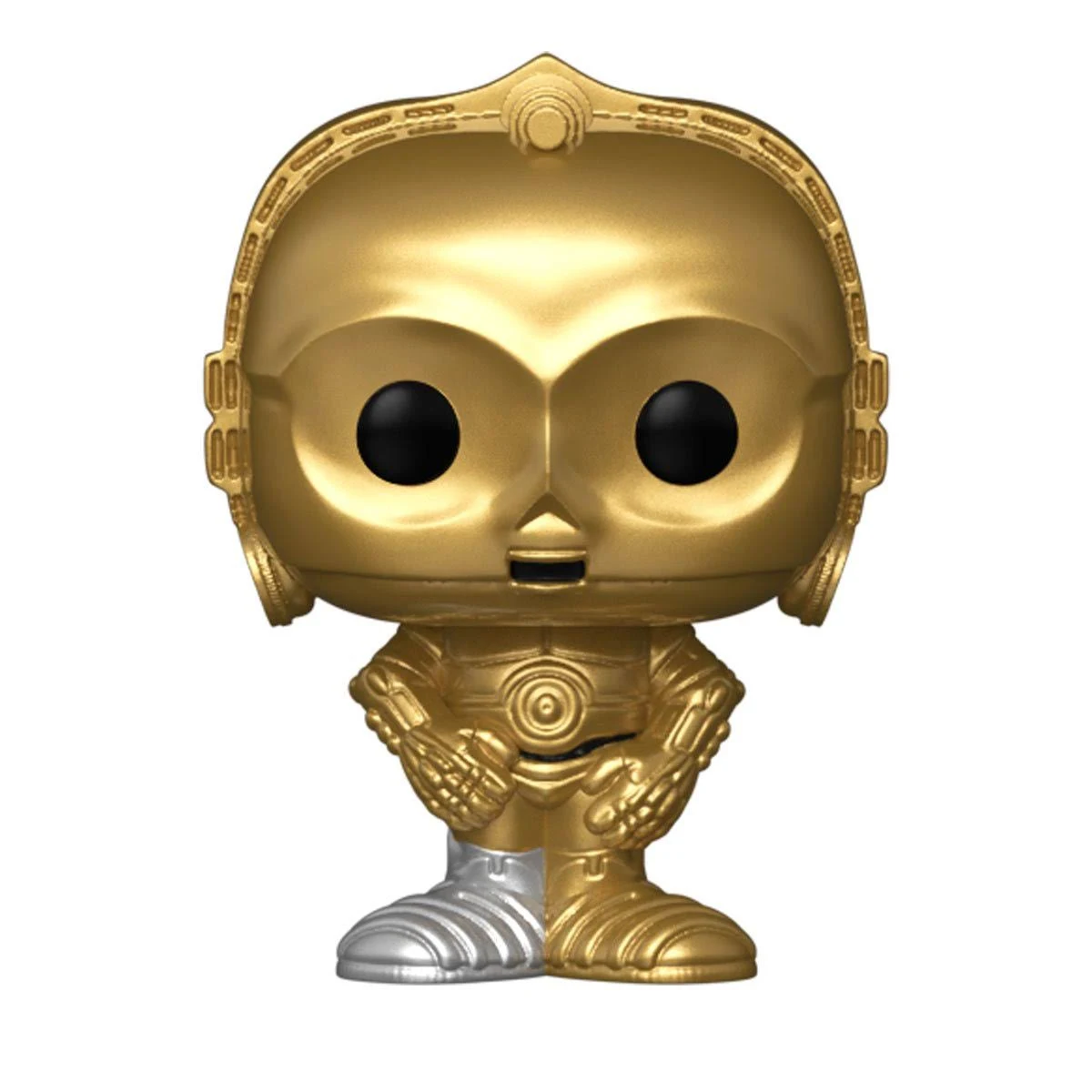 Statuetta dorata di C-3PO di Star Wars. Occhi neri e finitura metallica dettagliata.