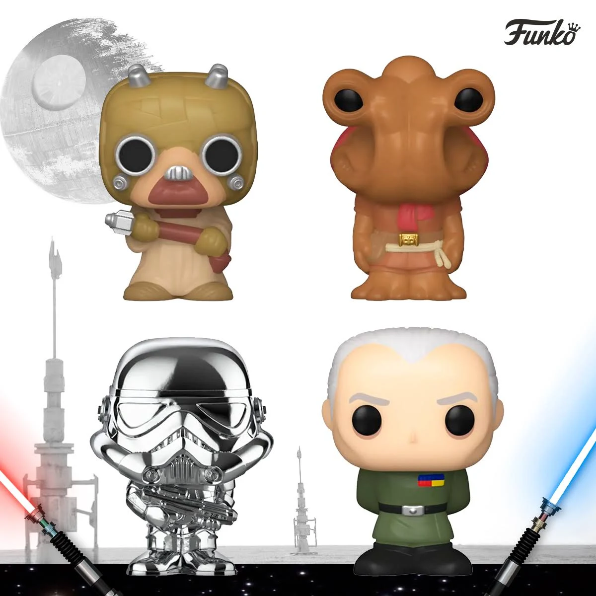 Quattro figure Funko Pop di Star Wars. Personaggi includono uno stormtrooper, un Jawa, ecc.