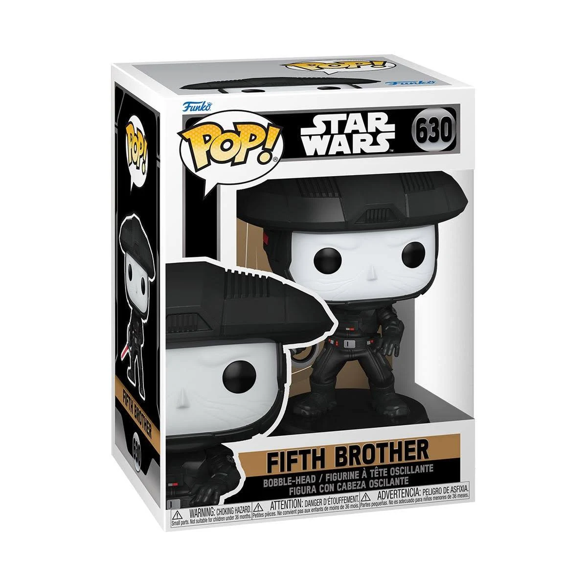 Una figura Funko Pop del Quinto Hermano de Star Wars en una caja. Combinación de colores blanco y negro.