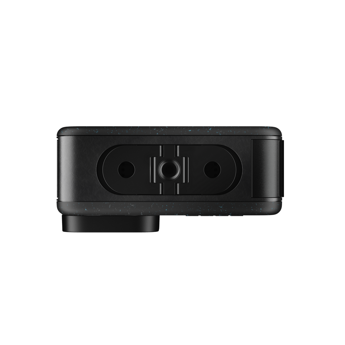 Czarne urządzenie o zaokrąglonym kształcie. Ma dwa otwory i jeden przycisk.