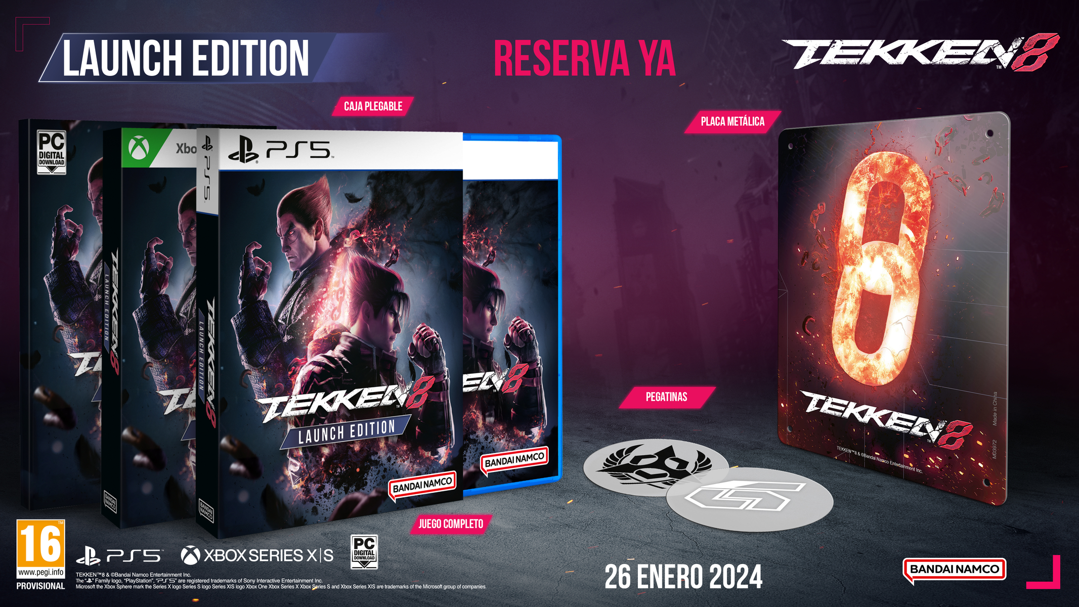 Cajas del juego Tekken 8 Launch Edition, pegatinas y una placa metálica expuestas sobre una mesa.