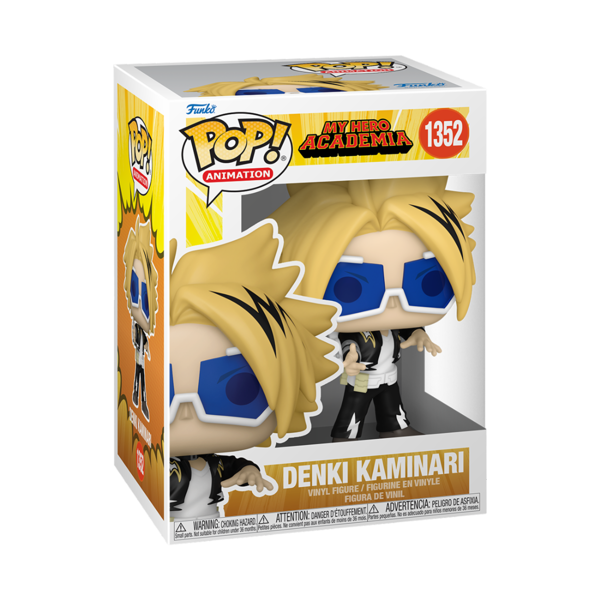 Figura Funko Pop de Denki Kaminari de My Hero Academia. Pelo amarillo, gafas azules, atuendo blanco y negro.