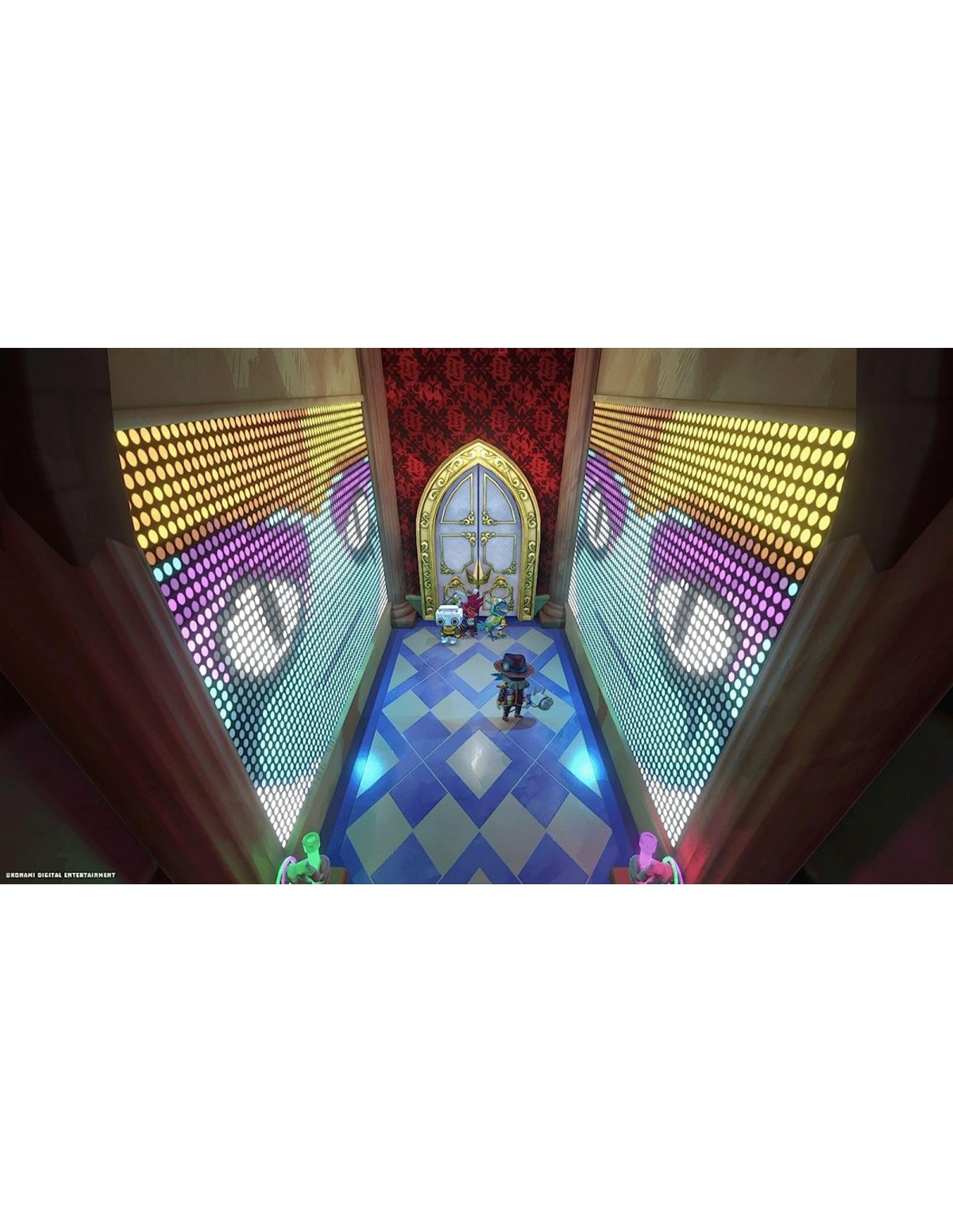 Escena de videojuego con personajes en una habitación colorida. Luces decorativas. Fondo negro.