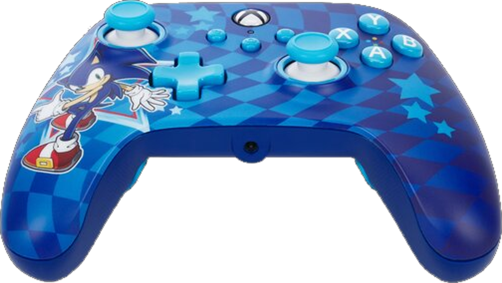 Niebieski kontroler Xbox z motywem Sonica. Tło jest czarne.
