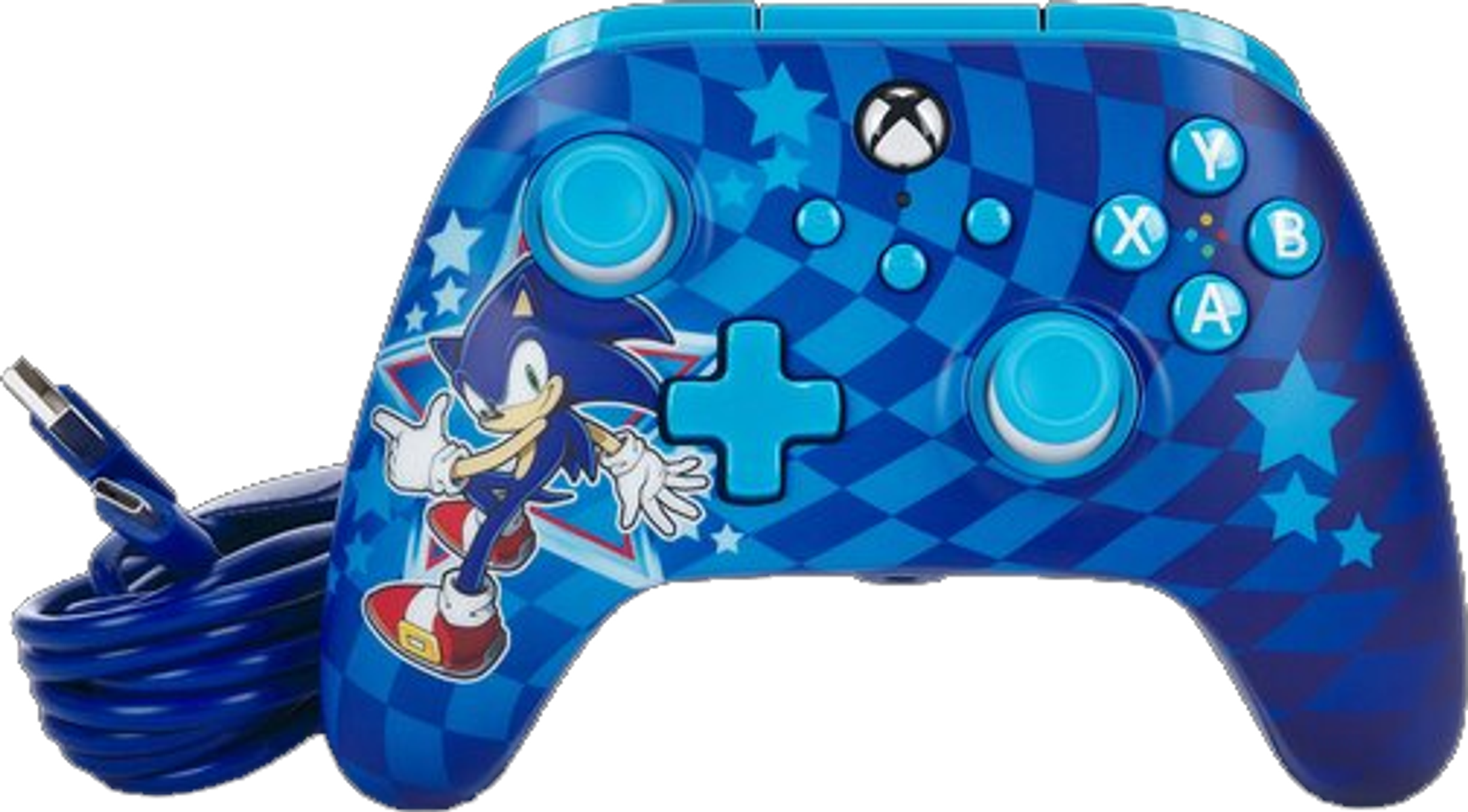 Niebieski kontroler Xbox z motywem Sonica, wzorem w szachownicę i gwiazdkami. Dołączony kabel.
