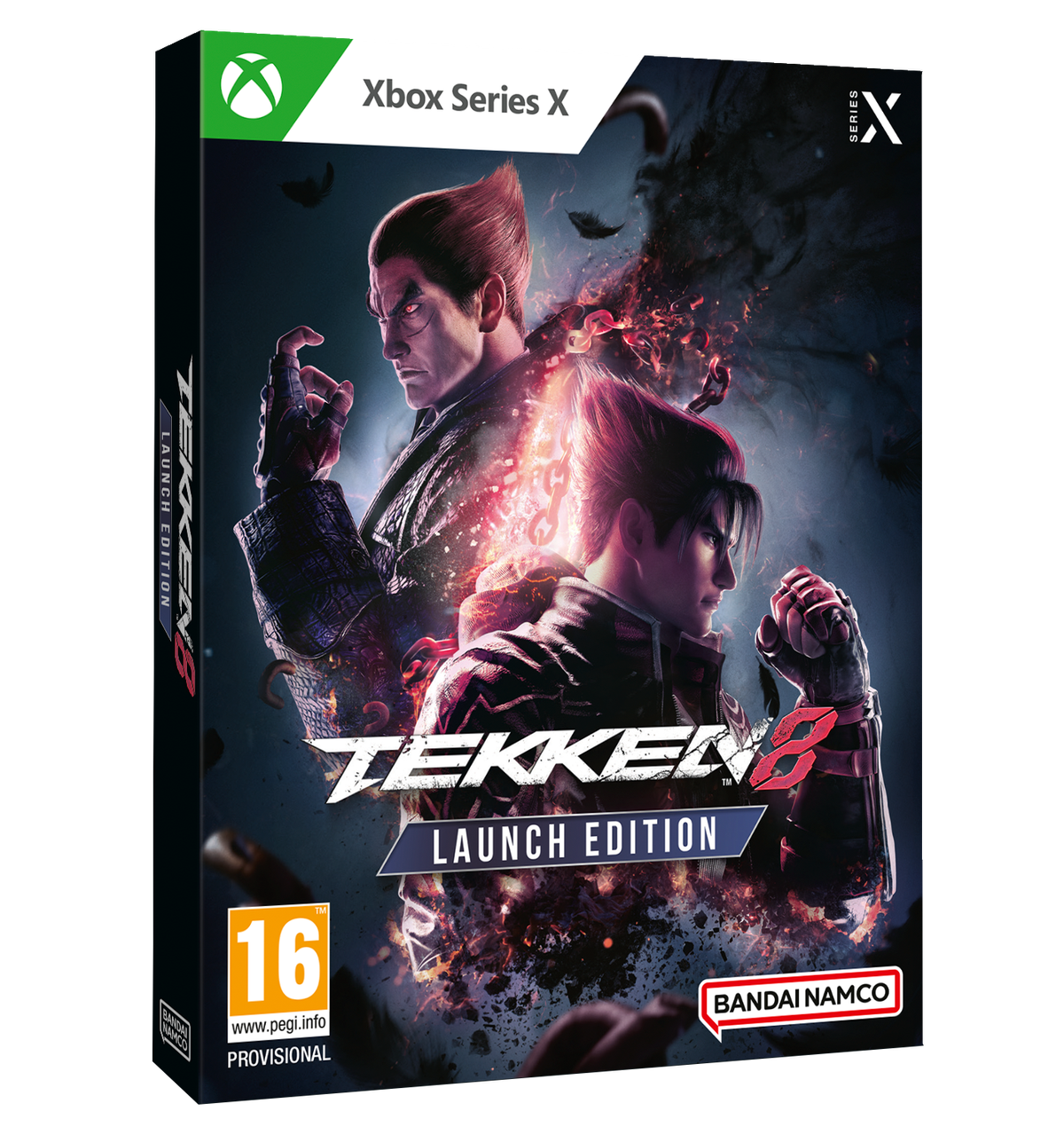 Caja del juego Tekken 8. Edición de lanzamiento. Presenta dos personajes, logotipo de Xbox Series X. Fondo negro.