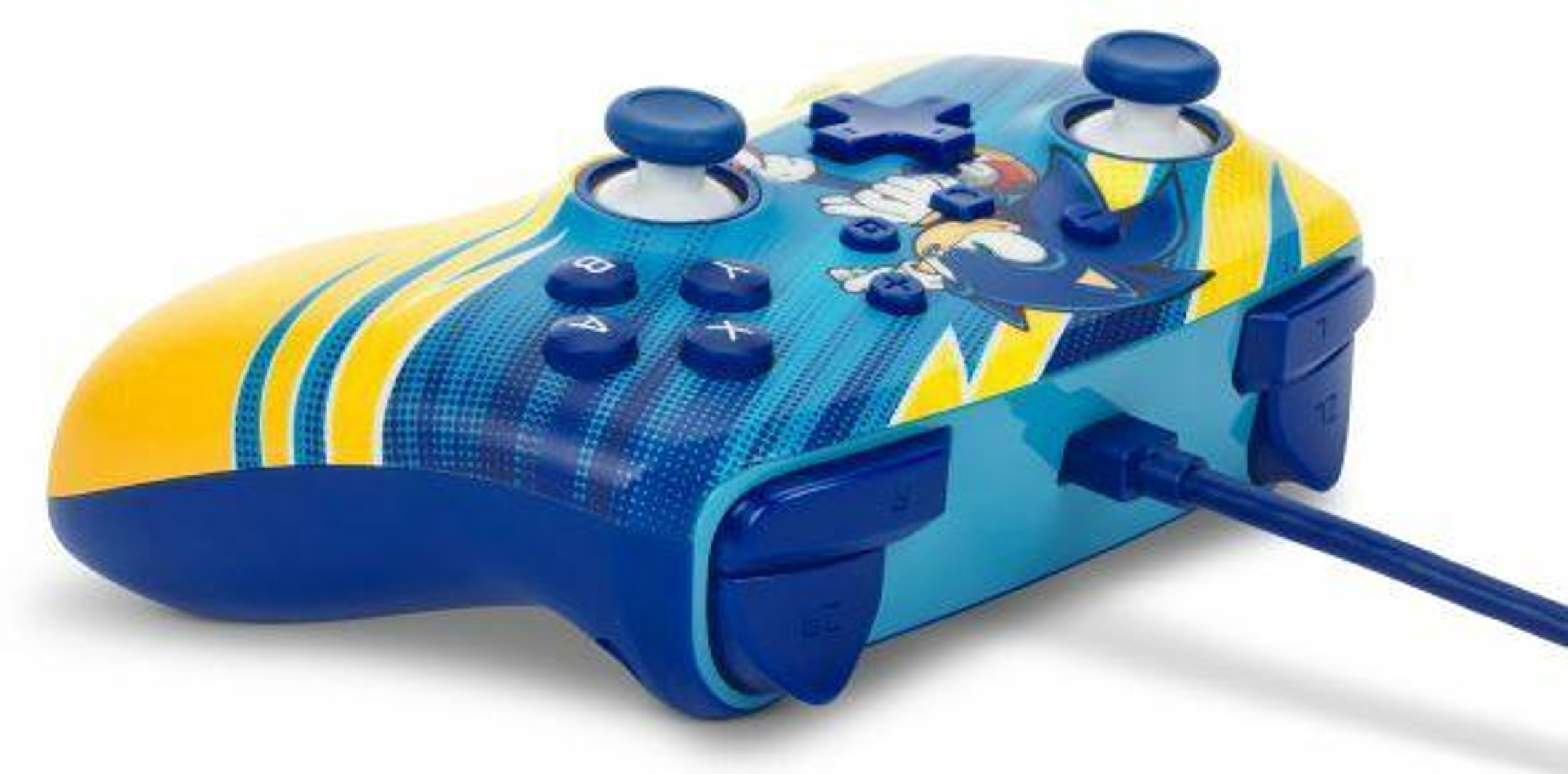 Niebiesko-żółty kontroler do gier z motywem Sonica, z kilkoma przyciskami i joystickami.