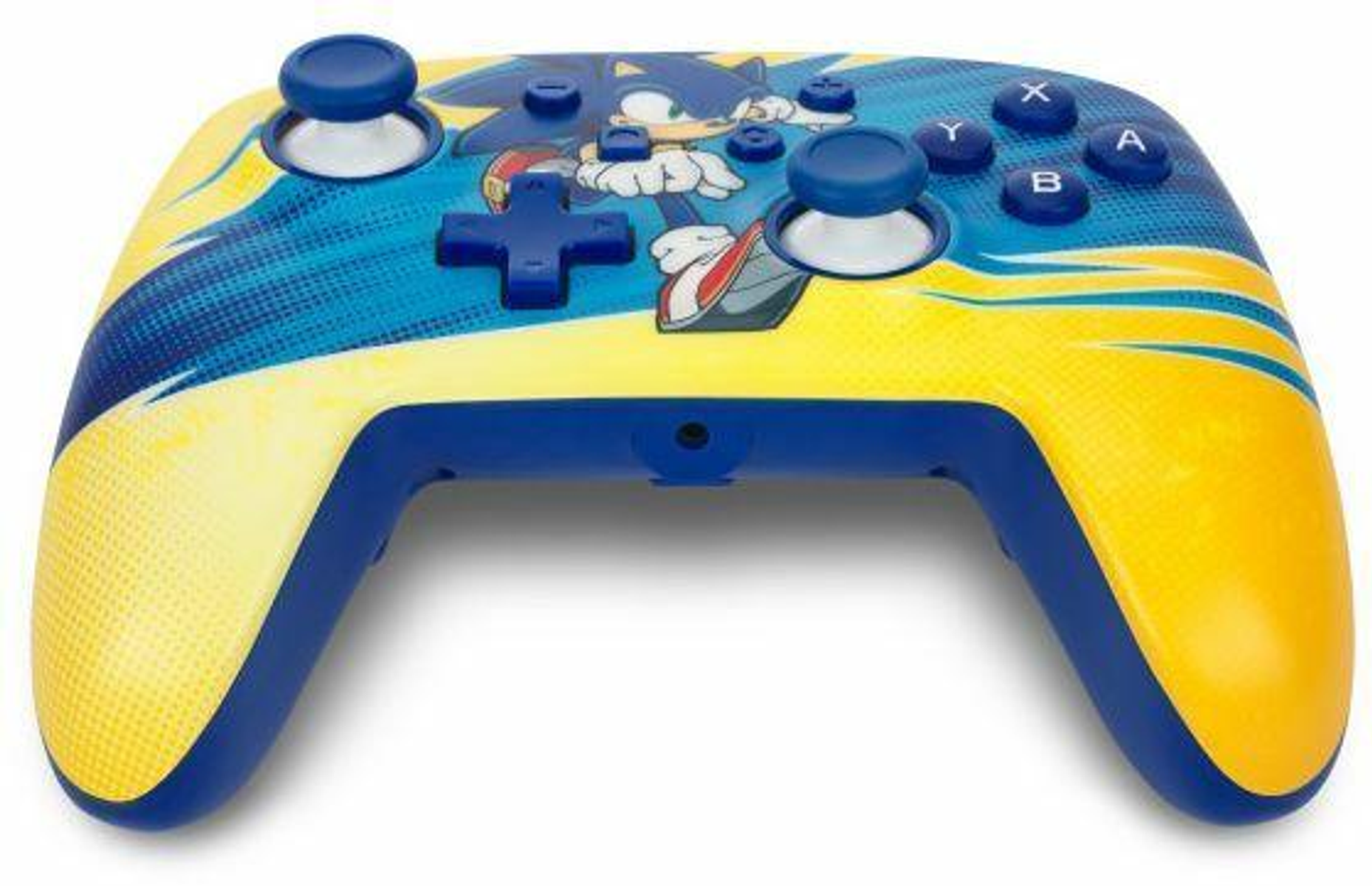 Niebiesko-żółty kontroler do gier Sonic the Hedgehog. Posiada przyciski i joysticki z postacią.