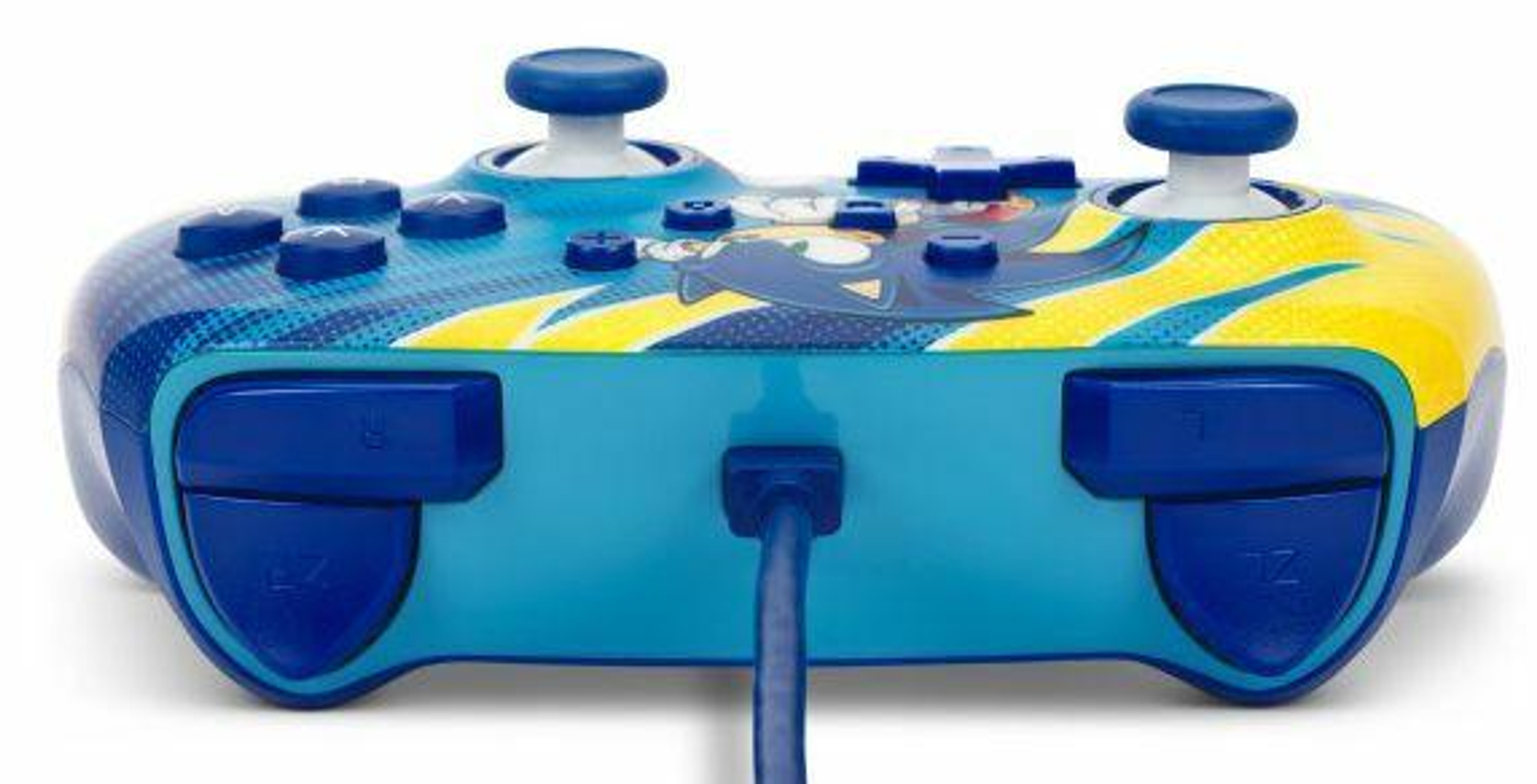 Niebiesko-żółty kontroler do gier z motywem Sonic the Hedgehog z kablem.