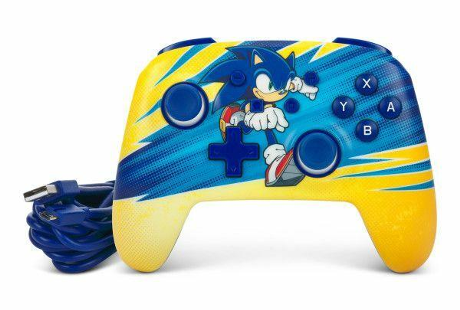 Kontroler do gier z motywem Sonic the Hedgehog. Kolory niebieski i żółty. Białe tło.