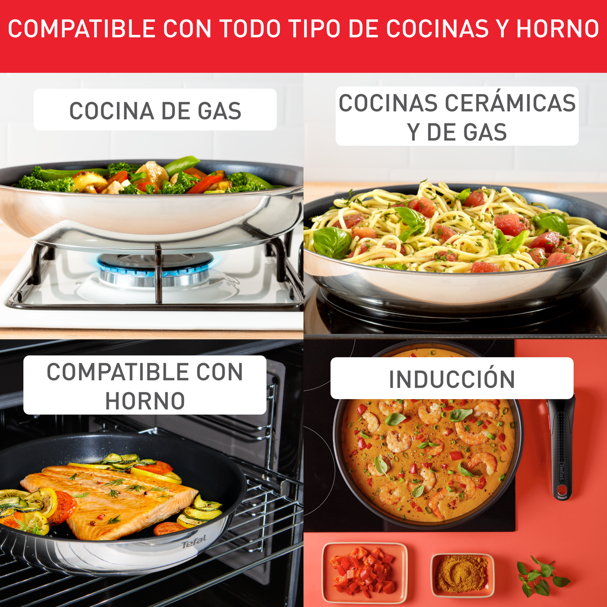 Cuatro imágenes mostrando cocina con sartenes en diferentes fuentes de calor y horno, texto en español.