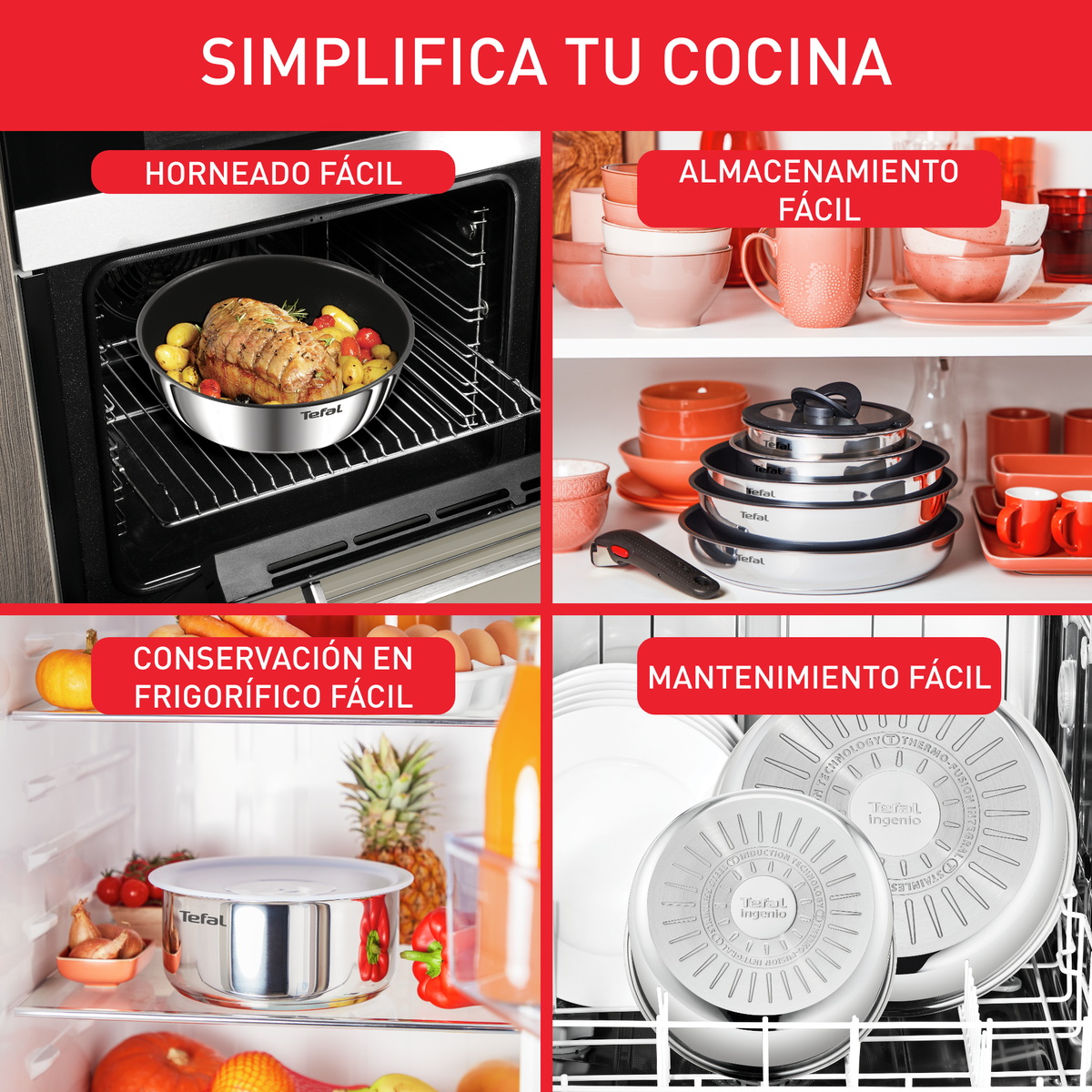 Collage de artículos de cocina. Incluye horno con comida, sartenes apiladas, refrigerador con comida y lavavajillas con sartenes.