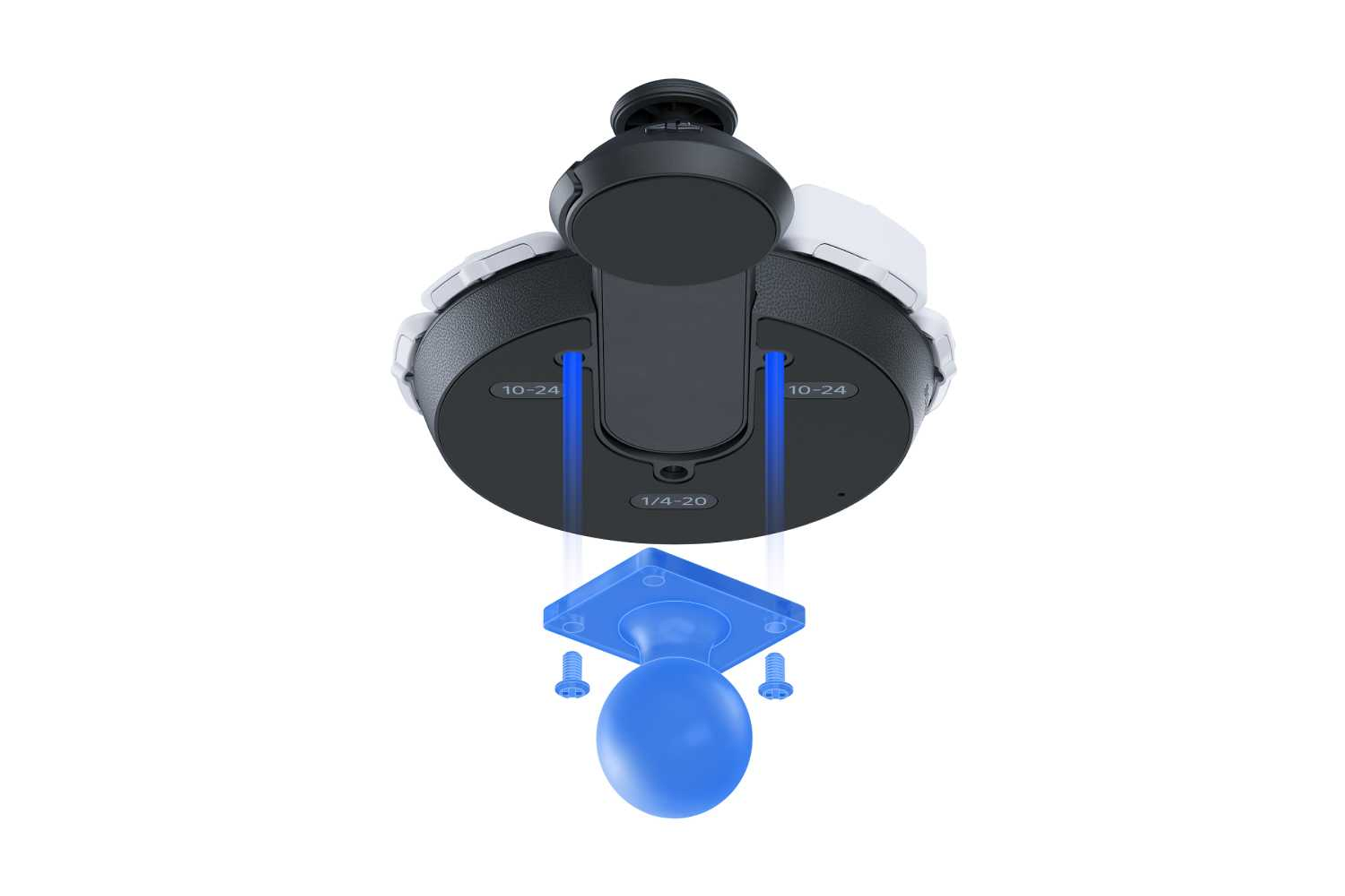 Un dispositivo composto da parti bianche e nere, con elementi blu, progettato per connettersi.