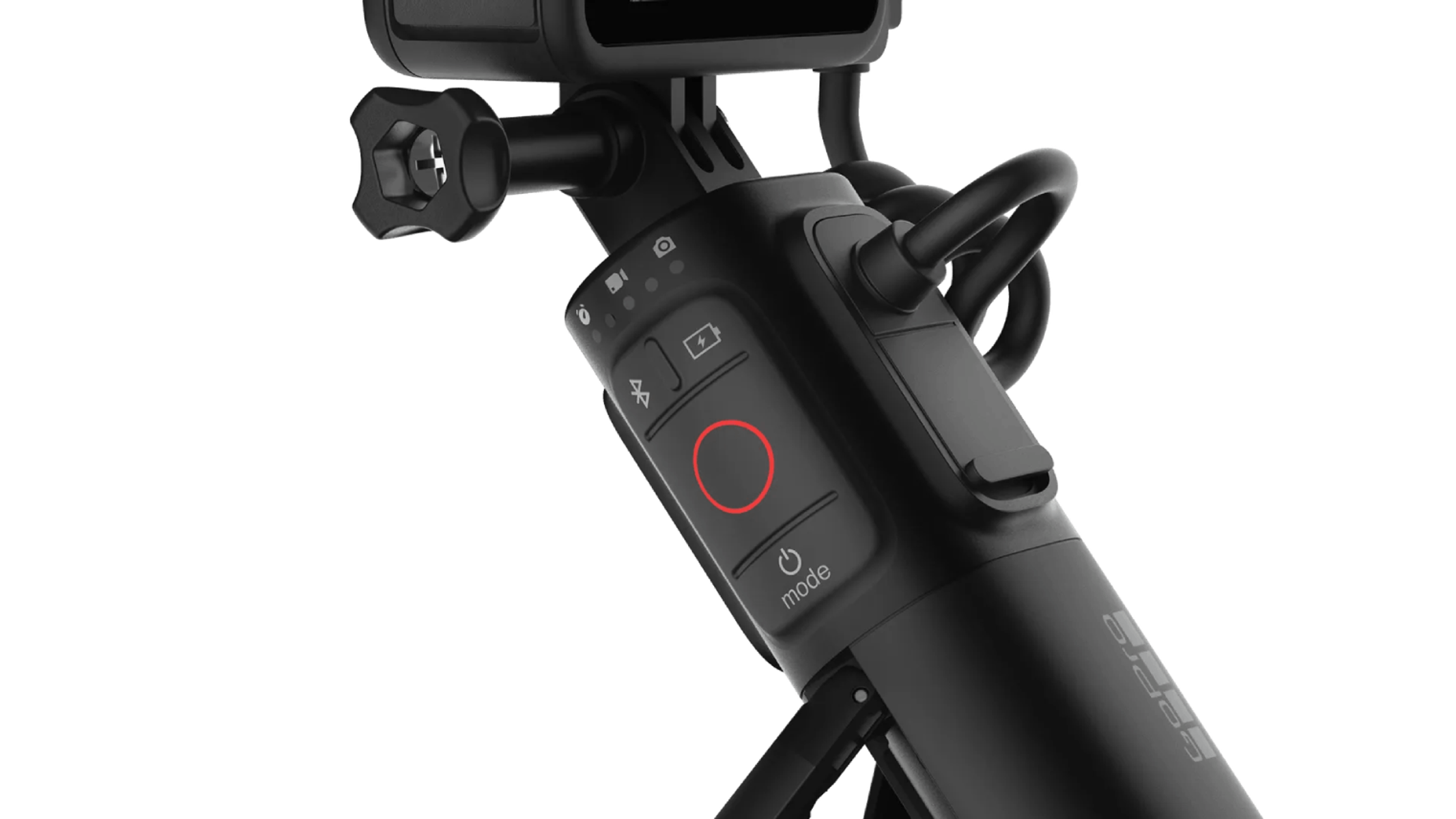 Czarne urządzenie przenośne z czerwonym przyciskiem i przyciskiem trybu. Czarne tło.