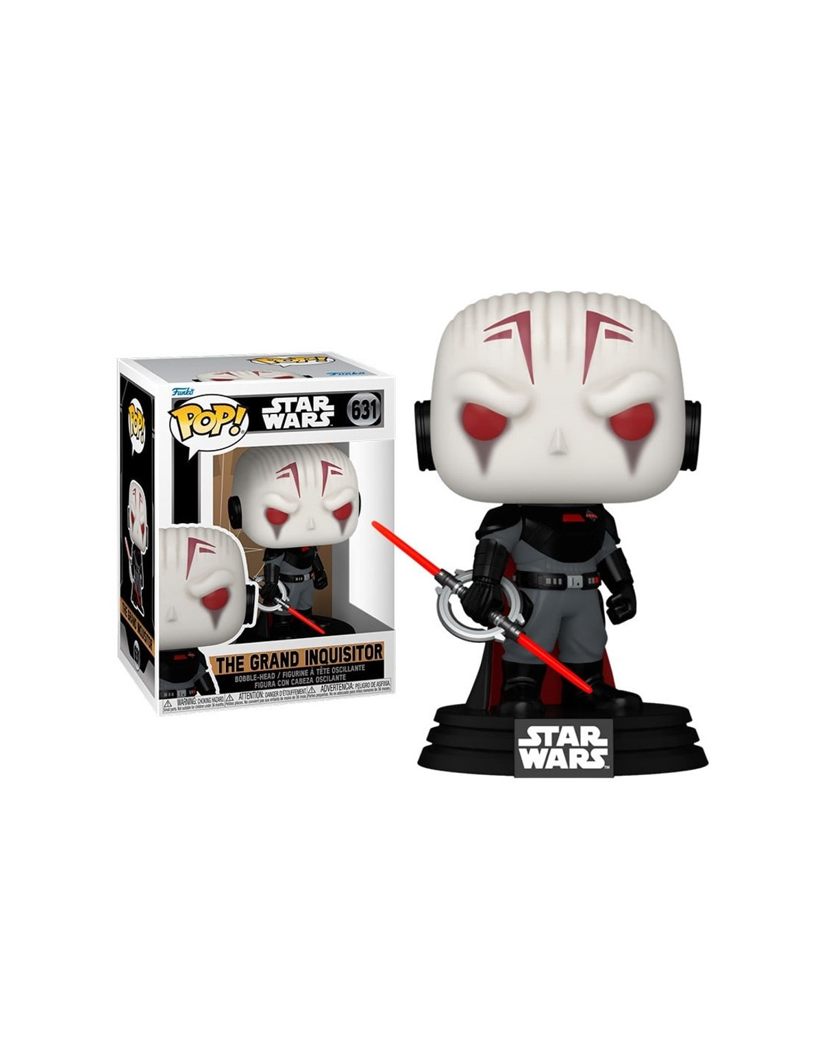 Figura de Star Wars del Gran Inquisidor con sable láser y caja, fondo blanco.