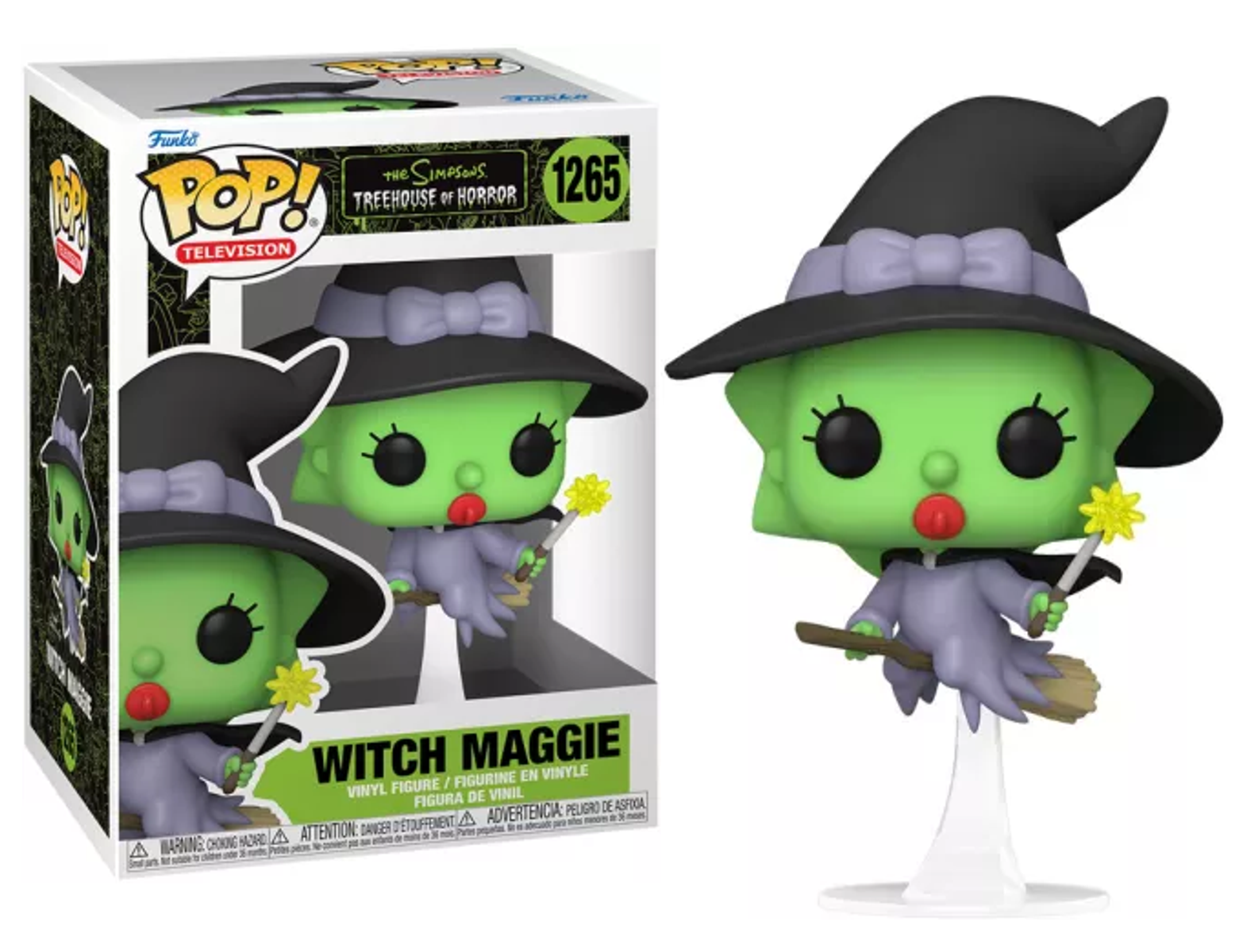 Figura Funko Pop de Witch Maggie de Los Simpson, en caja y sobre un soporte, fondo blanco.