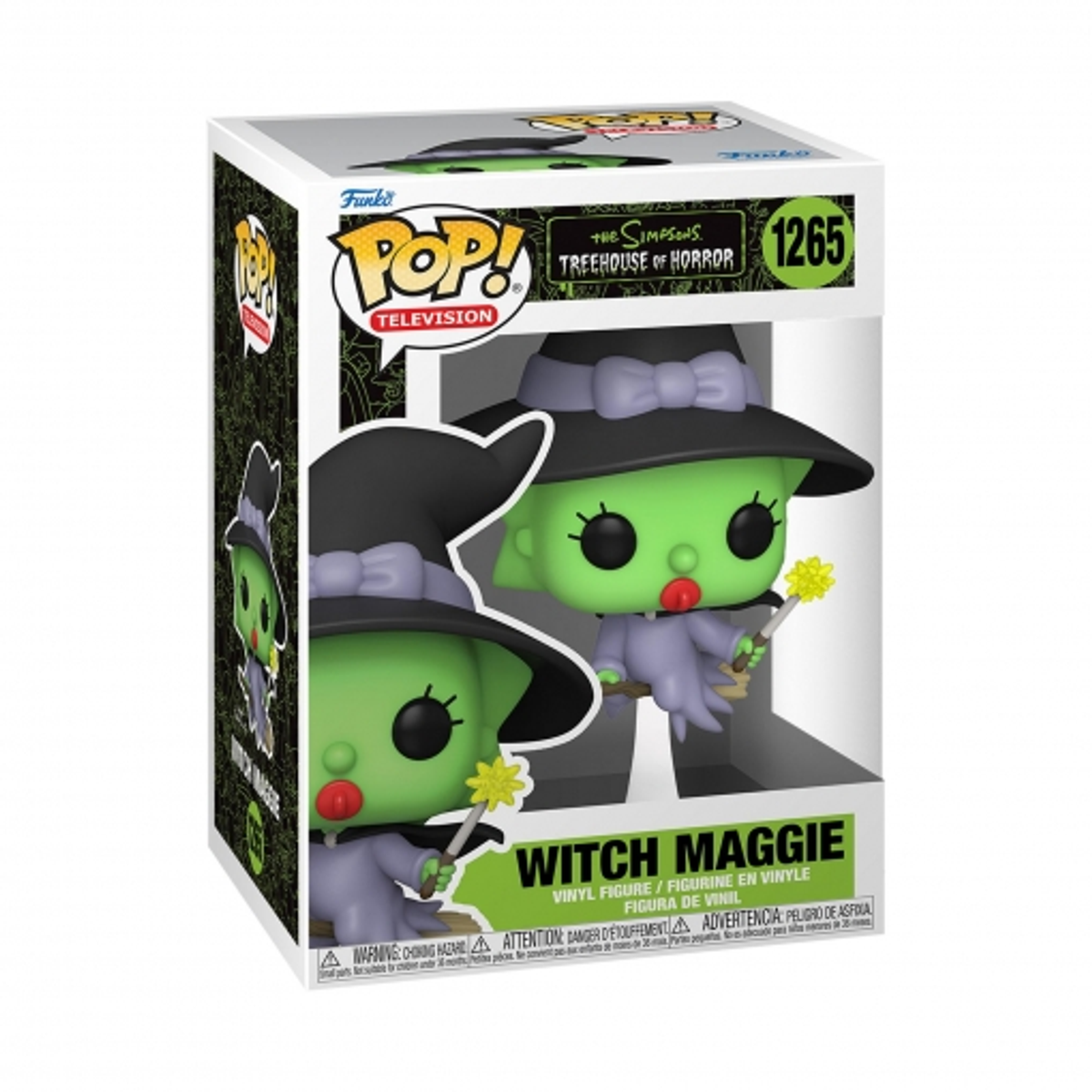 Una caja Funko Pop con Witch Maggie de Los Simpson, con detalles.