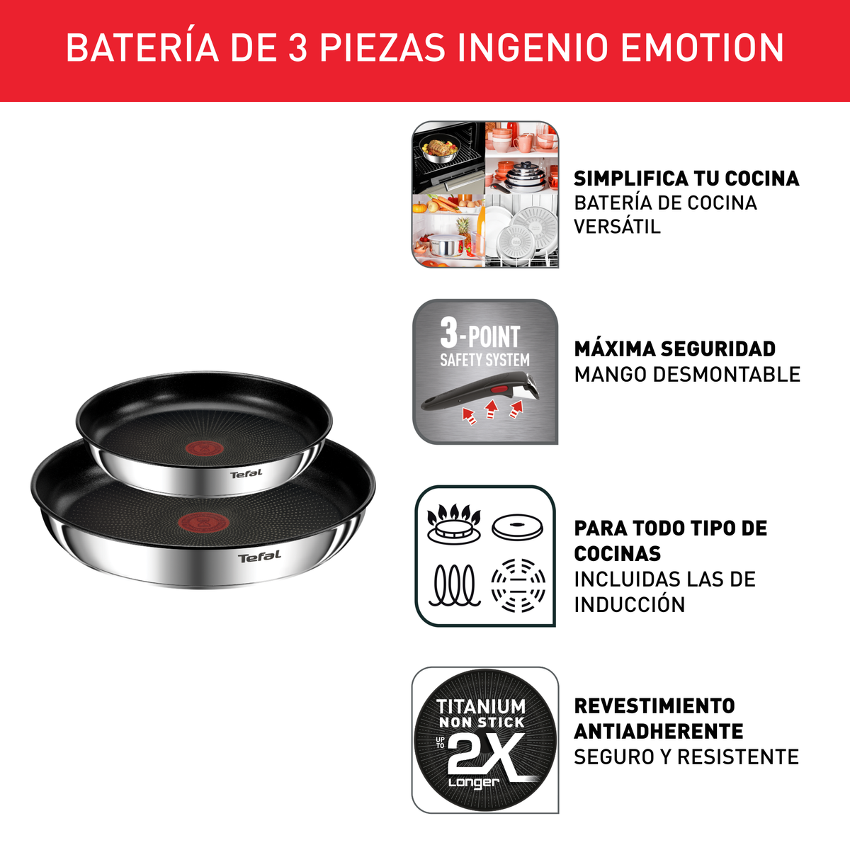 Juego de sartenes Tefal con texto. Iconos ilustran características. Sartenes rojas y plateadas sobre fondo blanco.