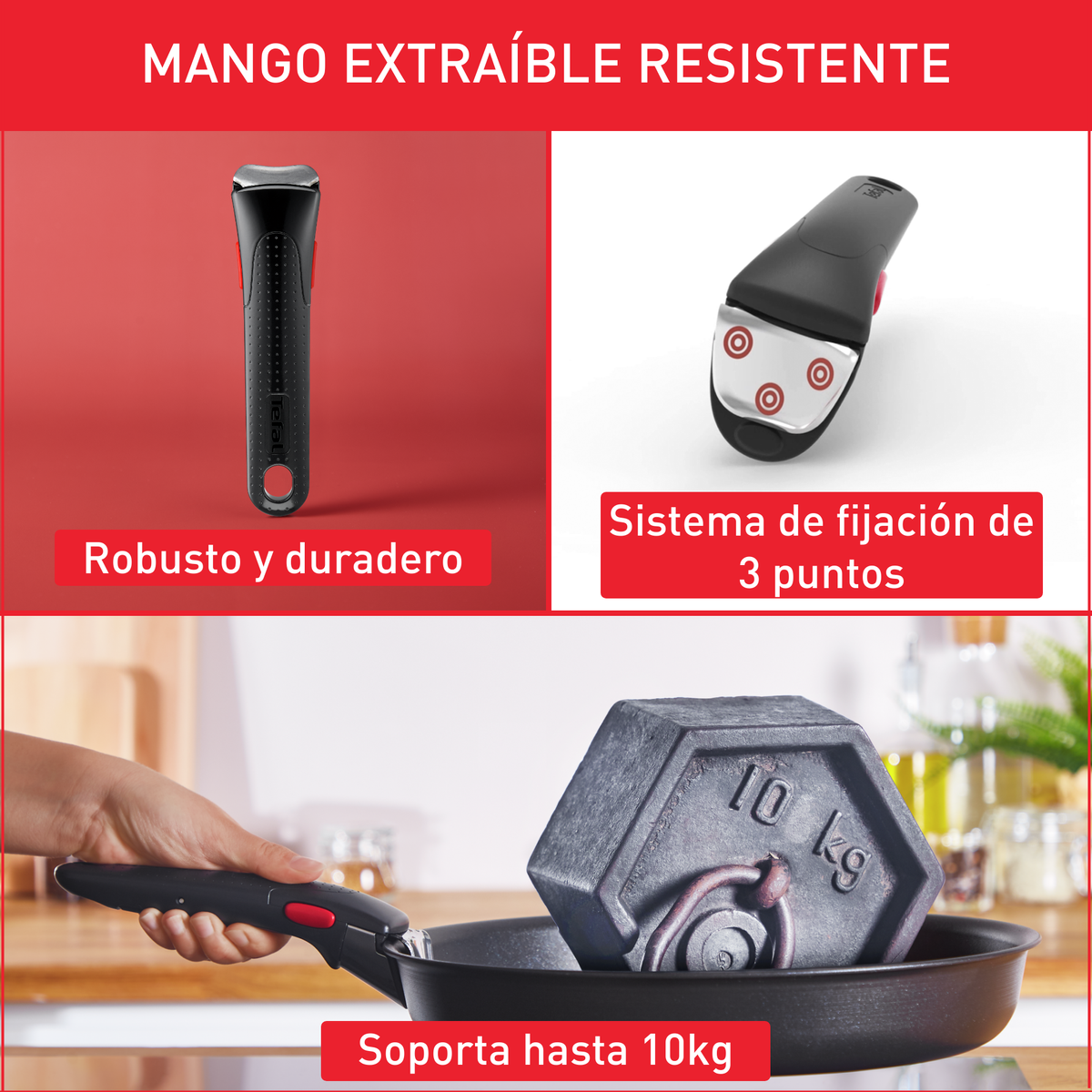 Mango de sartén negro extraíble y accesorios con texto.